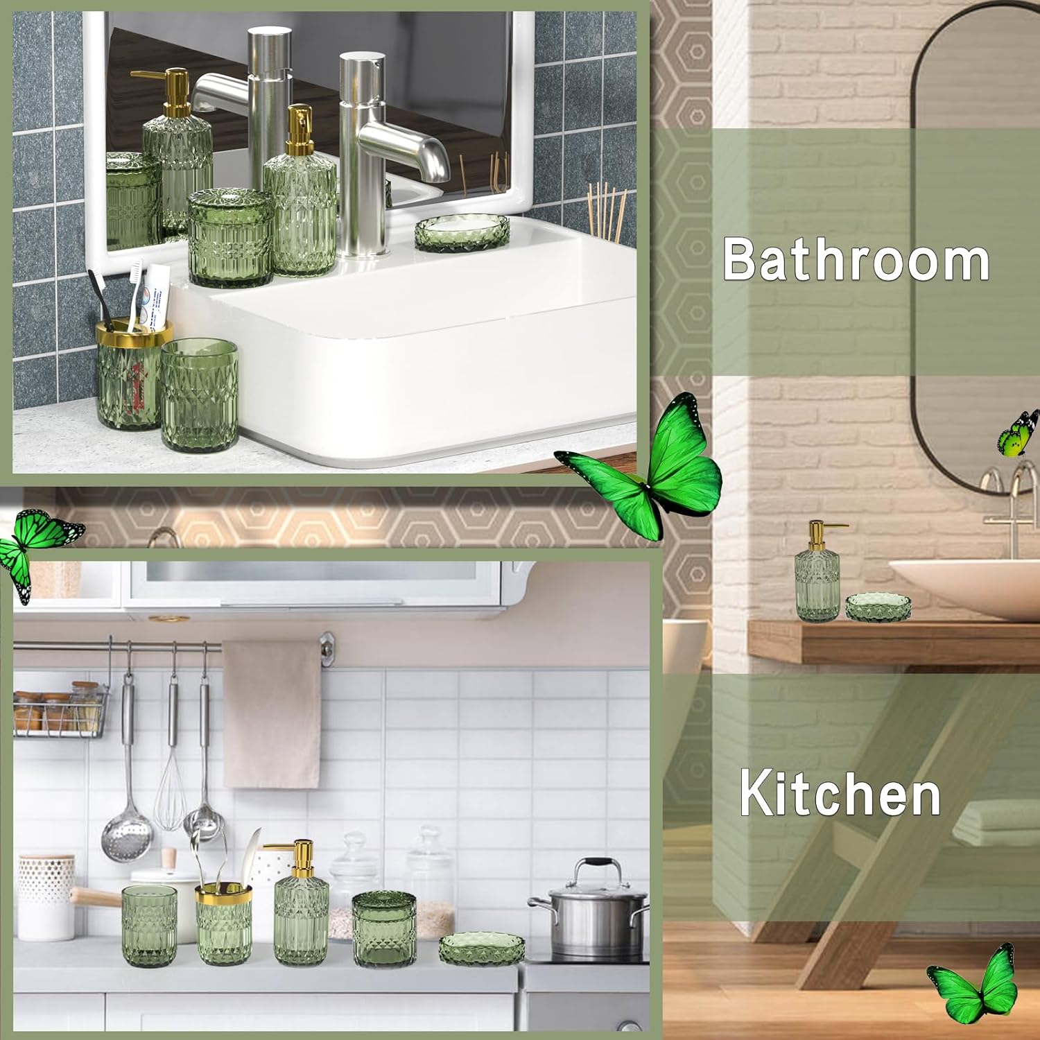 Juego de 5 accesorios de baño verde de alta calidad, moderno organizador de tocador de cristal para decoración de baño, dispensador de jabón de