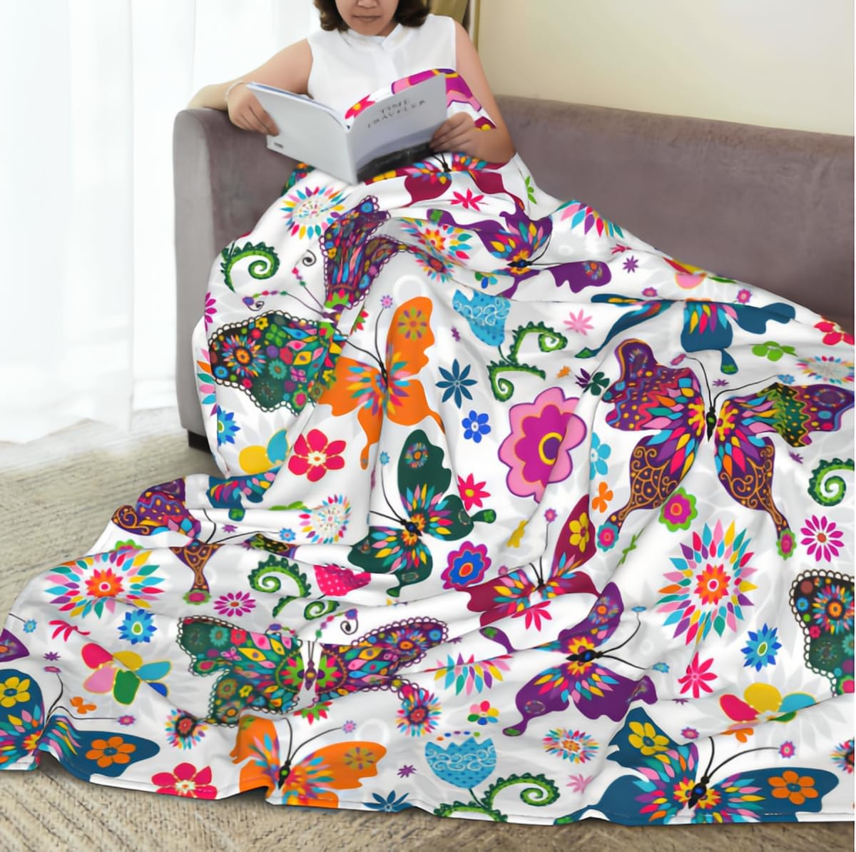 Zhung Ree Manta de franela de forro polar de microfibra de flores de mariposa coloridas, mantas duraderas para sofá, decoración del hogar, perfecta