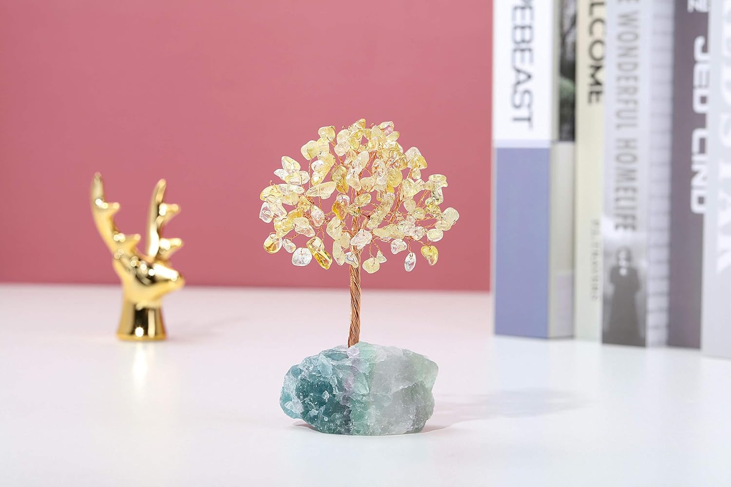 Jovivi Árbol de cristal de citrino natural, cristales curativos crudos, base de fluorita, árbol de dinero bonsái para decoración de mesa de oficina
