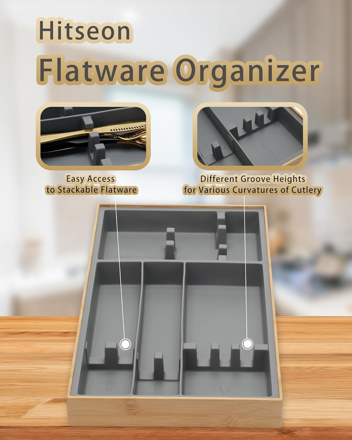 Hitseon Organizador de cajones de cubiertos, organizador de utensilios de bambú natural de silicona con 4 ranuras para encimera de cajones de