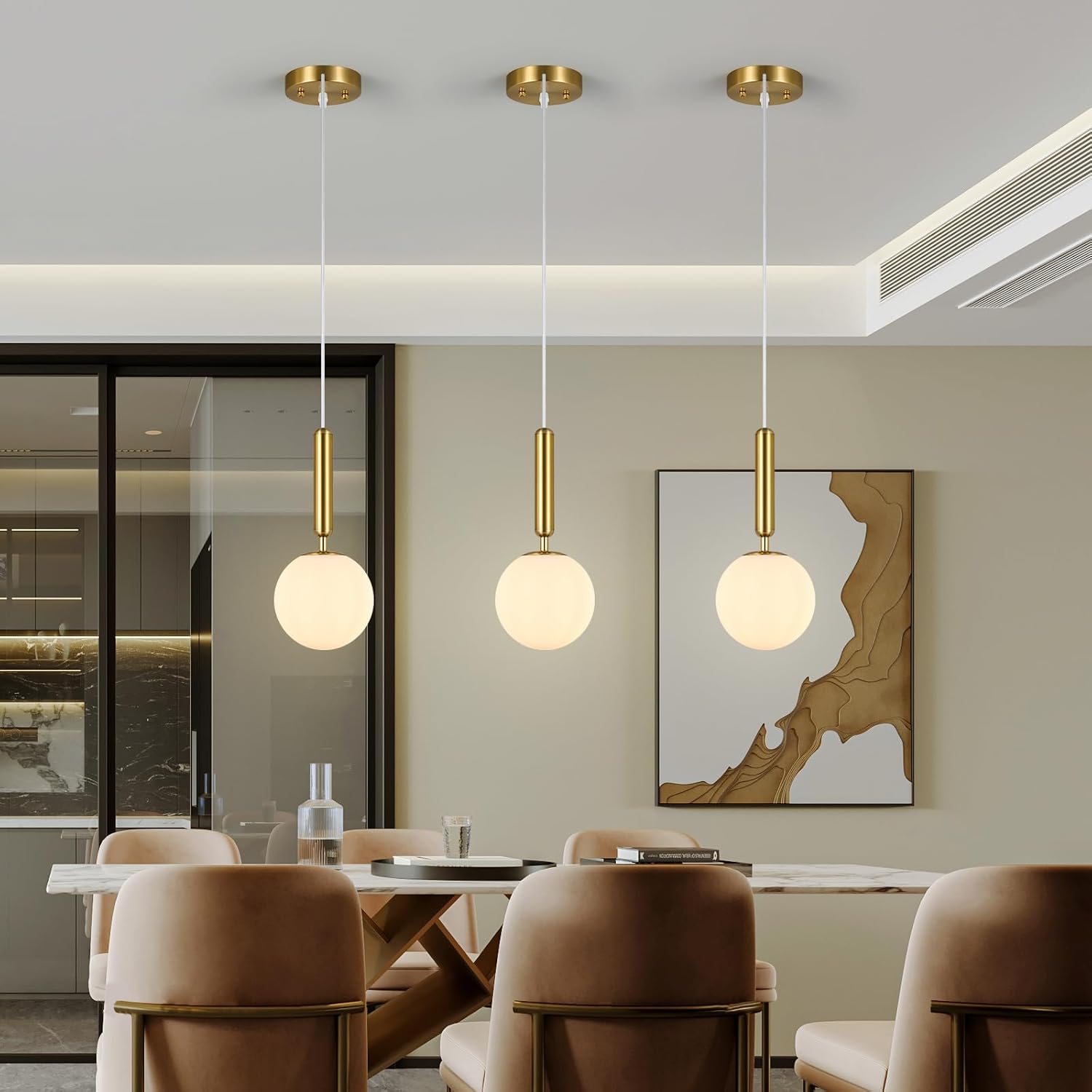 FDPBY Lámpara colgante moderna para isla de cocina, luces colgantes doradas de mediados de siglo con globo blanco lechoso para dormitorio, baño,