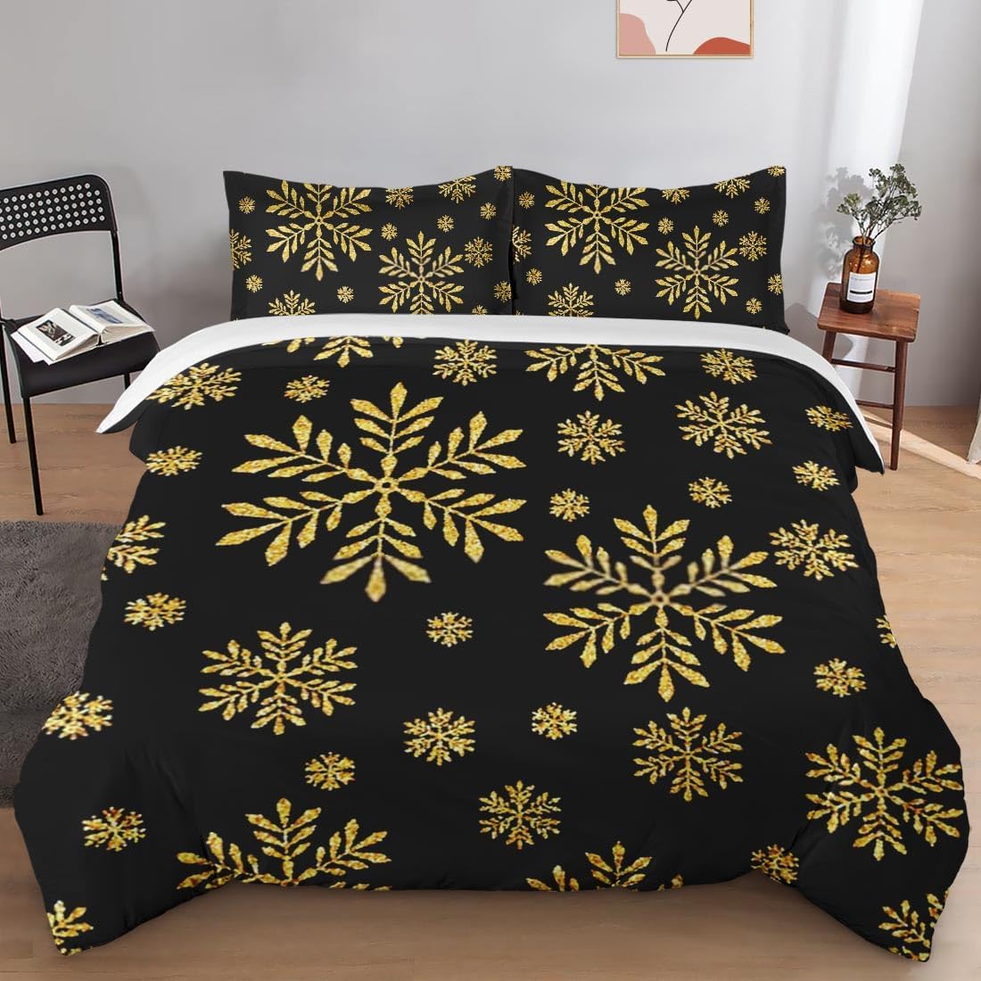 Juego de funda de edredón, diseño de copos de nieve dorados para niños y adultos, decoración de dormitorio, juego de funda de edredón de Navidad con