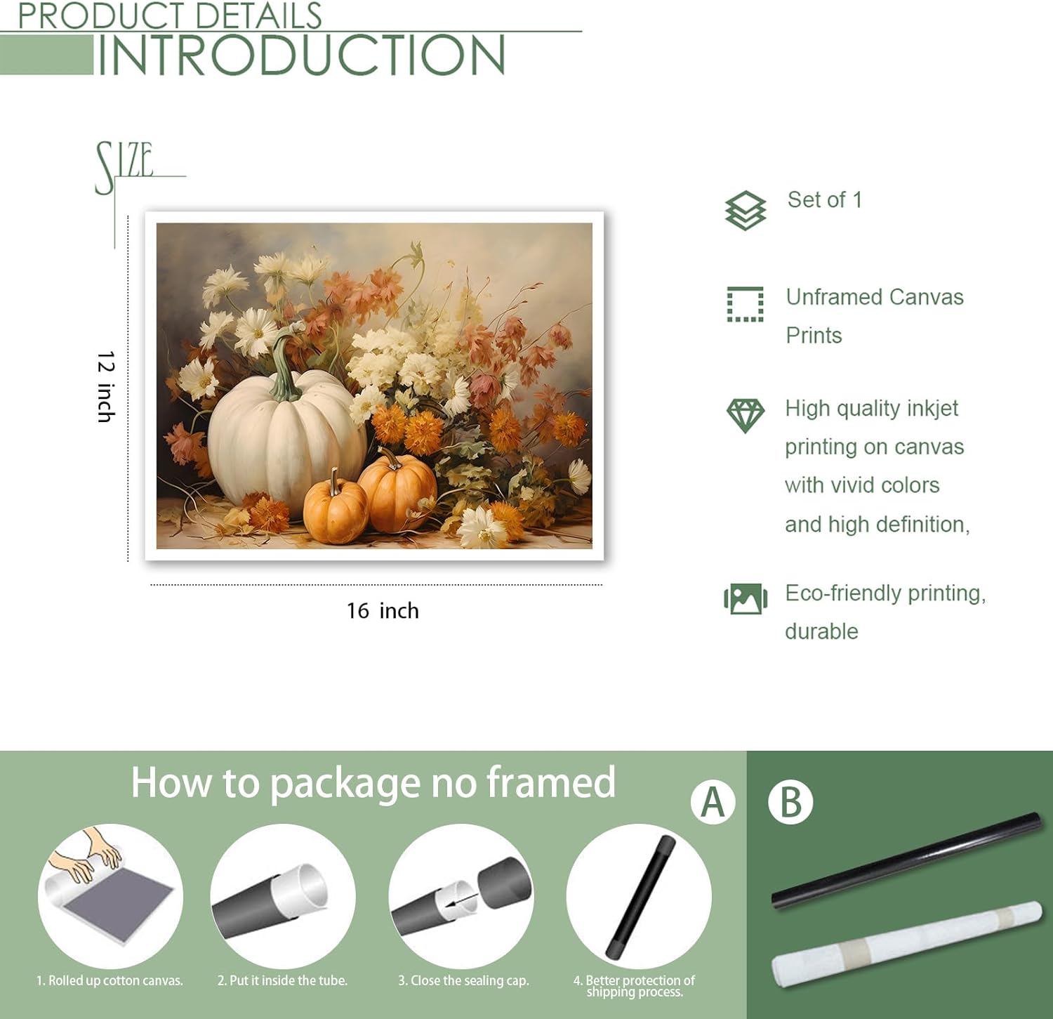 Wodkodnxy Lienzo decorativo para pared de otoño de granja, calabazas blancas y naranjas, cuadros de pintura de naturaleza muerta, carteles rústicos