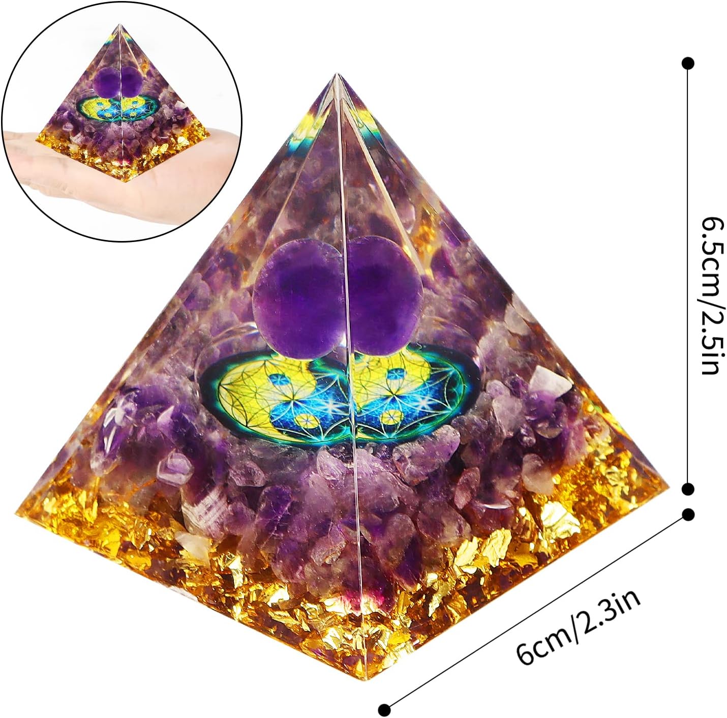 Pirámide de orgón hecha a mano para energía positiva, pirámide de esfera de cristal de amatista, generador de energía de cristales de protección,