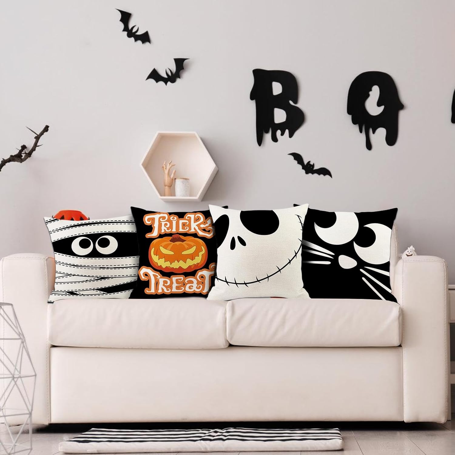 Juego de 4 fundas de almohada decorativas de Halloween de 18 x 18 pulgadas, decoración de Halloween para interiores y exteriores, fundas de almohada