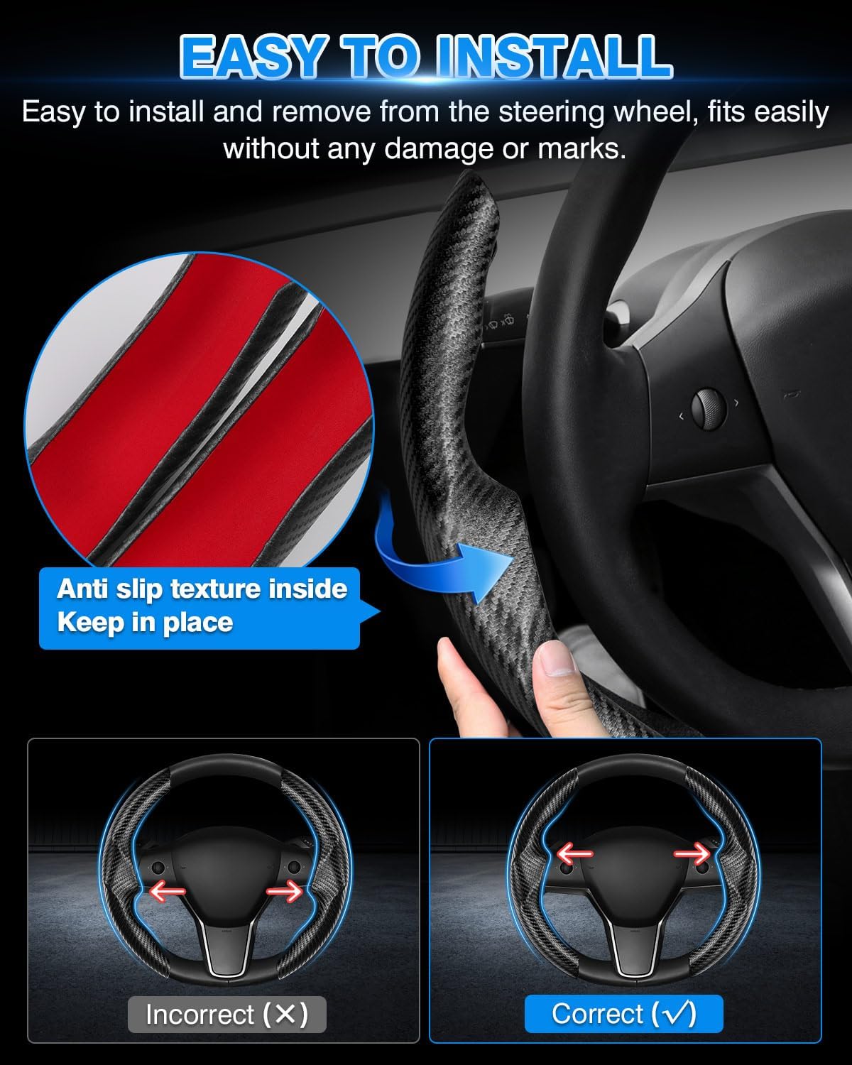 Funda para volante de la marca funda de fibra de carbono a medida para volante de Tesla, transpirable, duradera, antideslizante, transpirable,