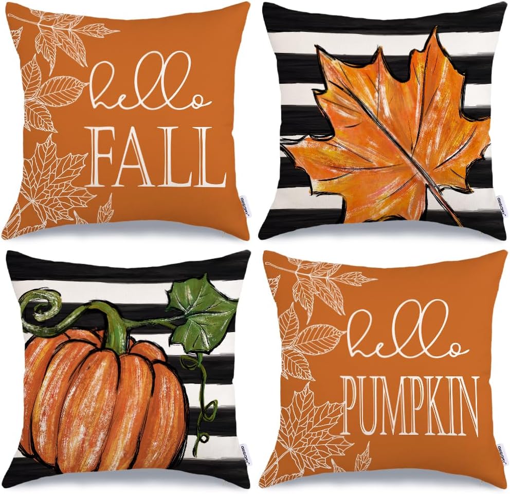 Juego de 4 fundas de almohada decorativas de otoño de 20 x 20 pulgadas, diseño de rayas de hojas de arce con diseño de calabaza de Hello para