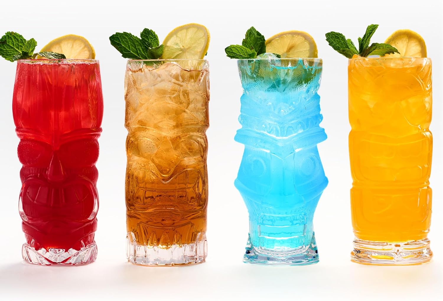 Tiki – Juego de 4 vasos Tiki transparentes de 16 onzas para cóctel, tazas Tiki tropicales modernas, cristalería, ideal para fiestas de tiki bar,