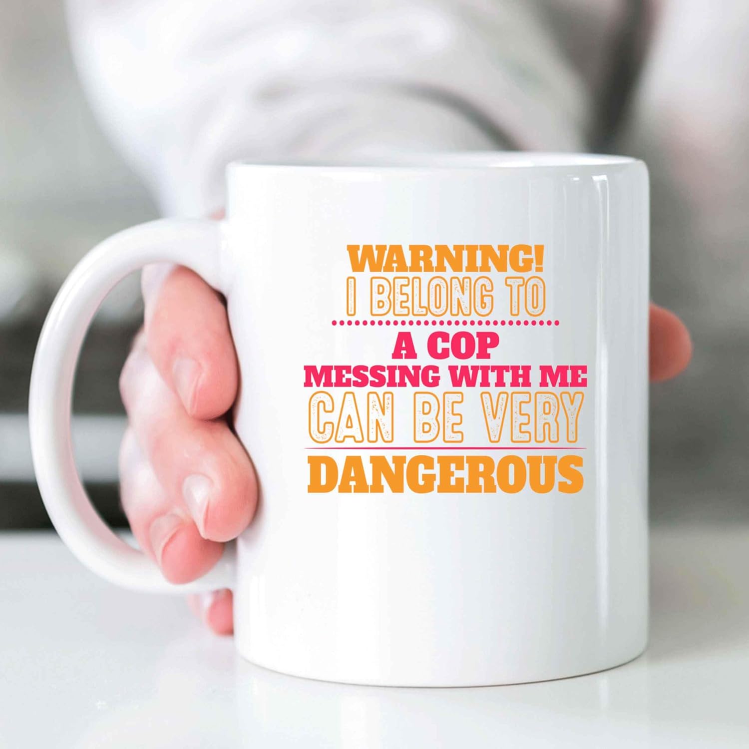 Funny Gift for Coworkers, Perfect for Son’s Birthday – I Belong To a Cop, It’s Dangerous Quote on 11 Oz White Ceramic Coffee Mug