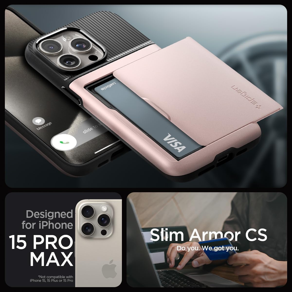Spigen Slim Armor CS – Funda diseñada para iPhone 15 Pro Max (2023), protección de grado militar tarjetero – oro rosa