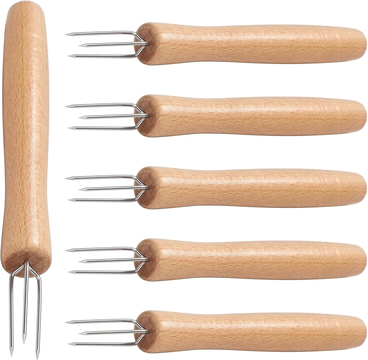 Juego de 6 soportes de maíz de acero inoxidable en la mazorca con mango de madera para maíz en la mazorca de mango largo, brochetas de mazorca,
