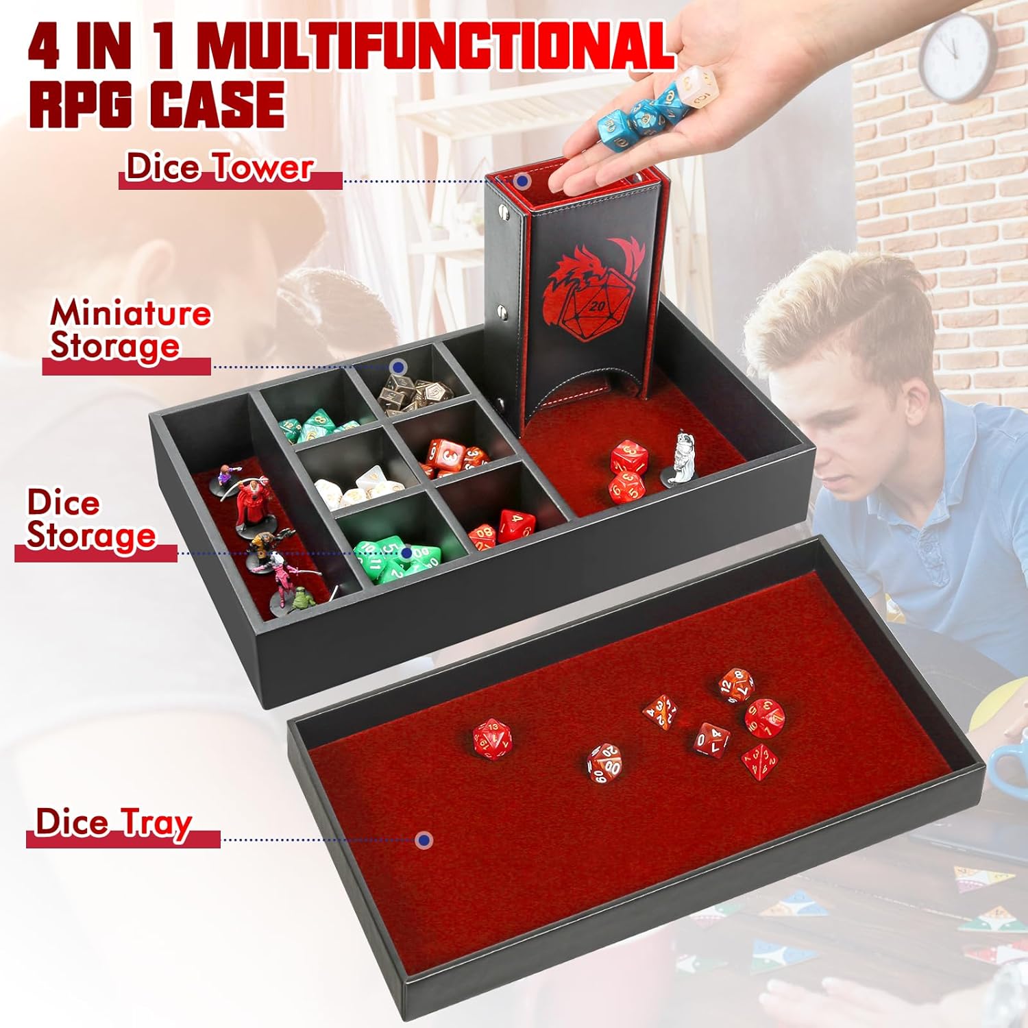 Bandeja de dados DND y caja de almacenamiento de torre, 4 en 1, estuche para dados D&D (bandeja rodante de dados, torre de rodillos de dados,