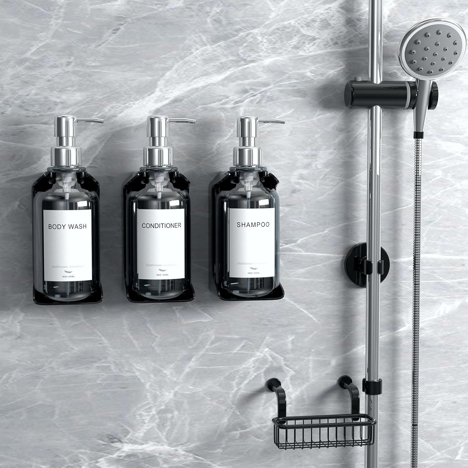 Elegante dispensador de champú y acondicionador de pared, juego de 3 dispensadores de jabón de ducha de 16 onzas sin taladro, 3 cámaras con 6