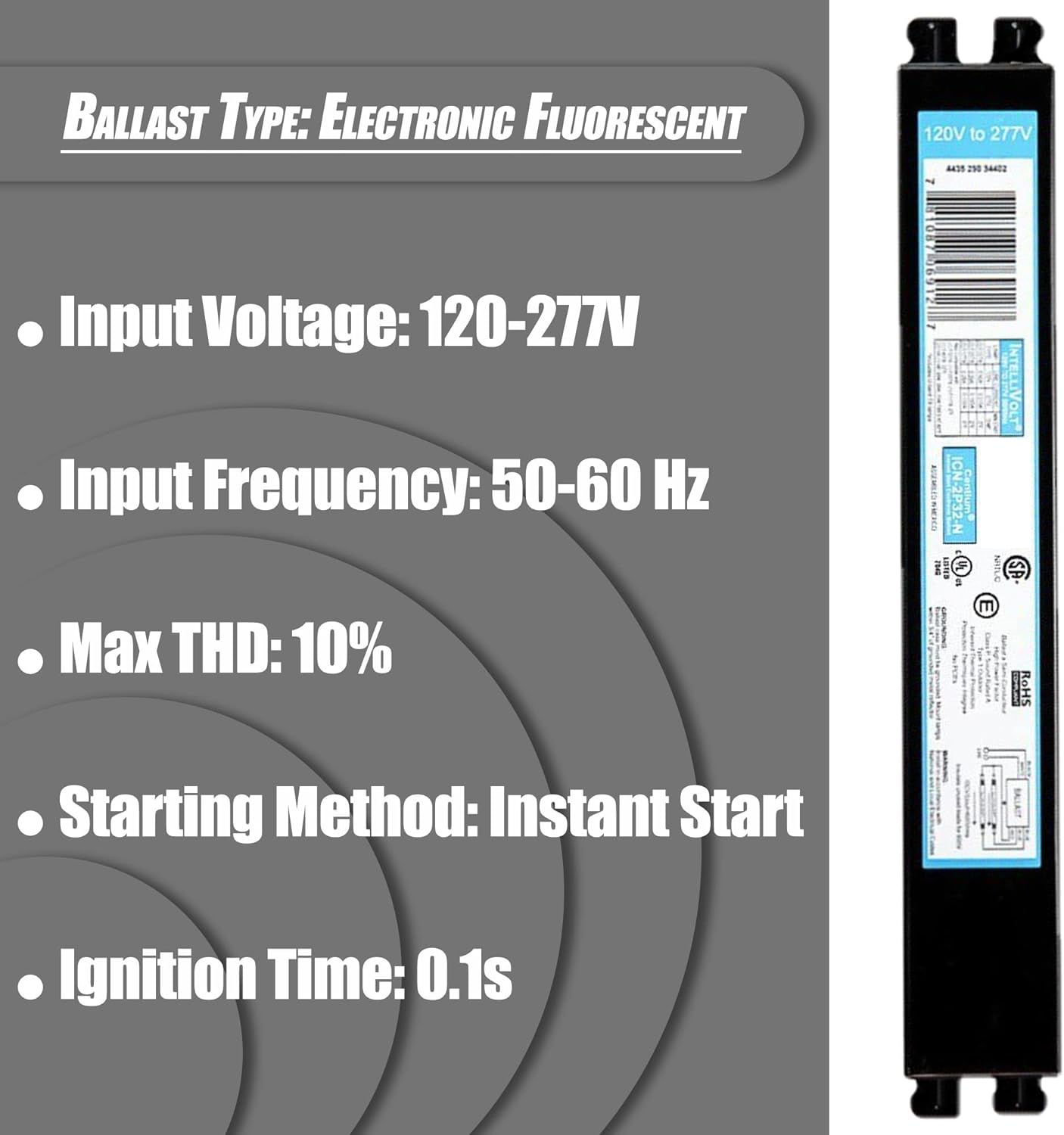 ICN3P32N, 120-277V, frecuencia de entrada de 50-60Hz, tipo de cable sólido, balasto fluorescente electrónico de arranque instantáneo para 3 tipos de