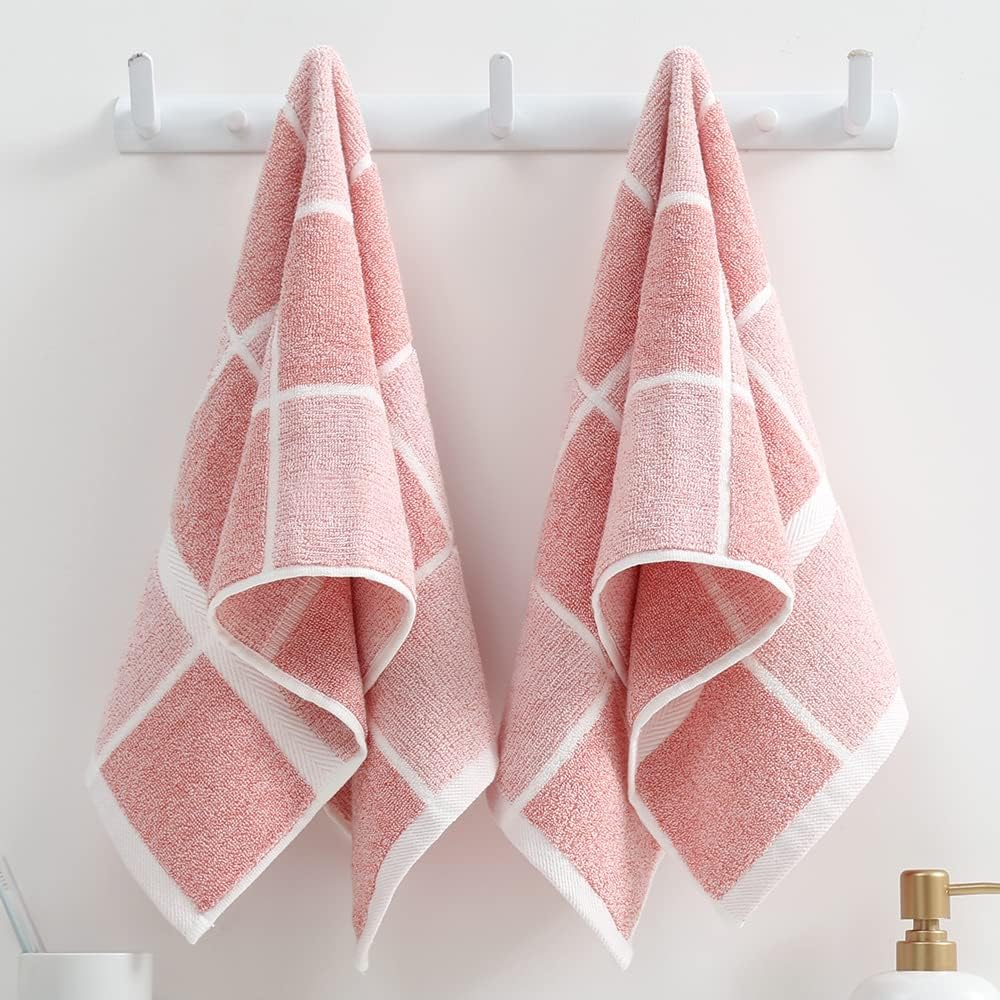Juego de 2 toallas de mano rosas 100% algodón con patrón a cuadros, súper suaves, altamente absorbentes, toallas de mano decorativas para baño, 13 x