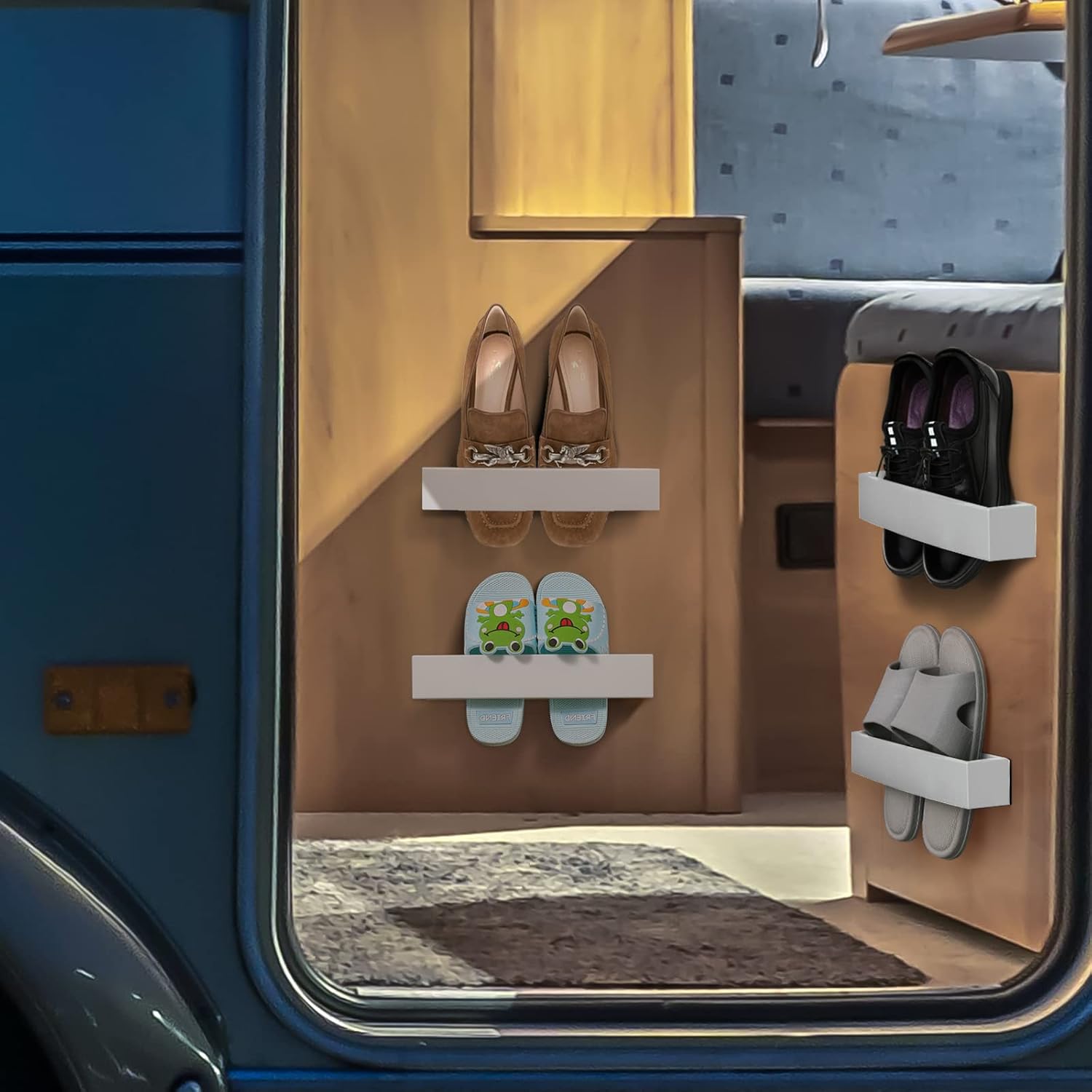Nirxxiy Paquete de 6 zapateros ajustables para montar en la pared, organizador de almacenamiento de plástico para zapatos, almacenamiento de RV,