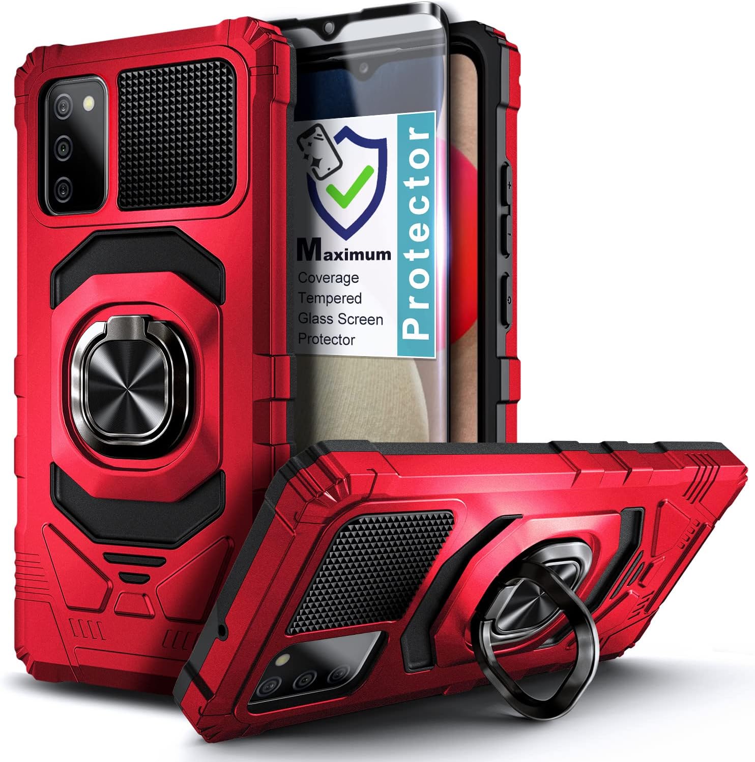 NZND Funda para Galaxy A02S, funda para teléfono Samsung AO2S con protector de pantalla de vidrio templado, protector de cuerpo completo a prueba de