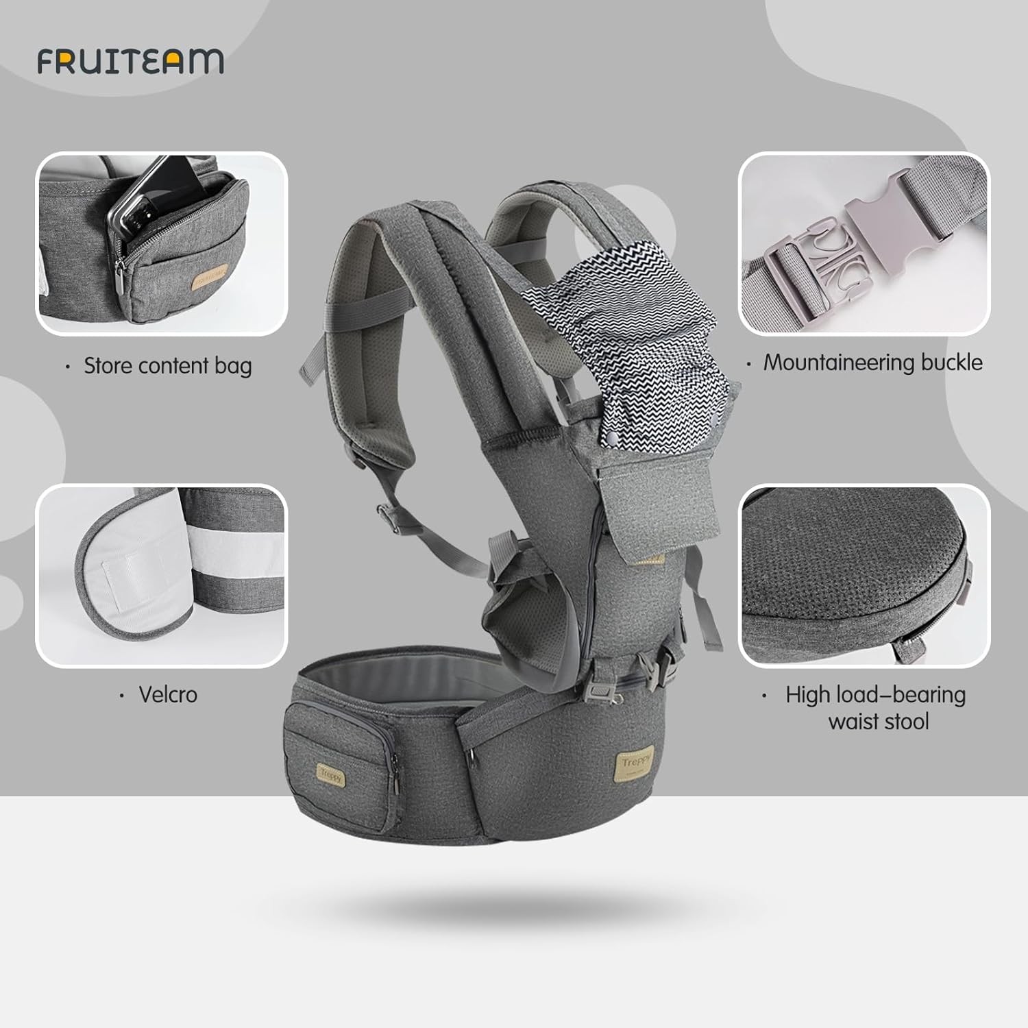 FRUITEAM – Portabebés certificado de seguridad con asiento a la cadera – Portabebés para todas las posiciones – Portabebés delantero y trasero para