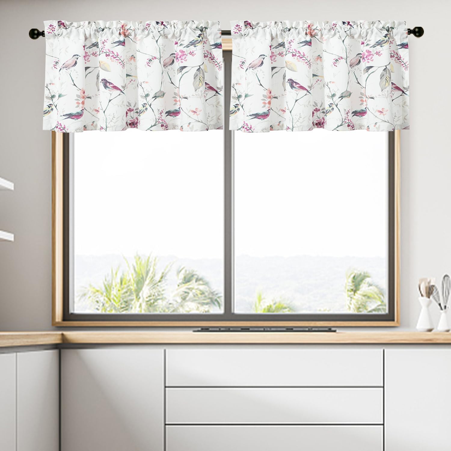 VOGOL Cenefas de cocina de estilo rústico para ventanas, bonito patrón de pájaros con bolsillo para barra, cortinas cortas para sala de estar, 1