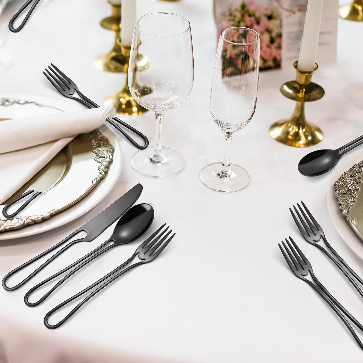 Black Silverware Hollow Out Handle Flatware Set for 4 Stainless Steel Cutlery 20 Piece Fork Knife and Spoon Unique Festival Parties Kitchen Daily Use