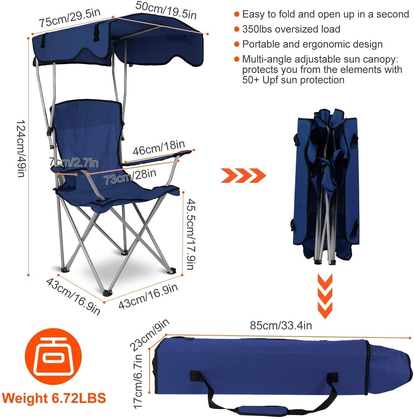 Silla de camping con toldo, silla plegable para exteriores con parasol ajustable UPF 50+ y soporte para tazas, reclinable portátil para campamento,