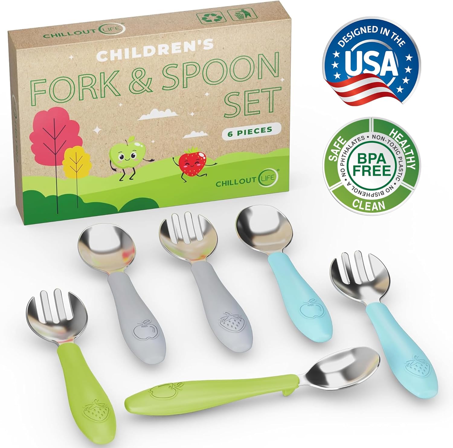 CHILLOUT LIFE Utensilios para niños pequeños, cubiertos para niños con mango de silicona, tenedores y cucharas de metal de acero inoxidable, seguro
