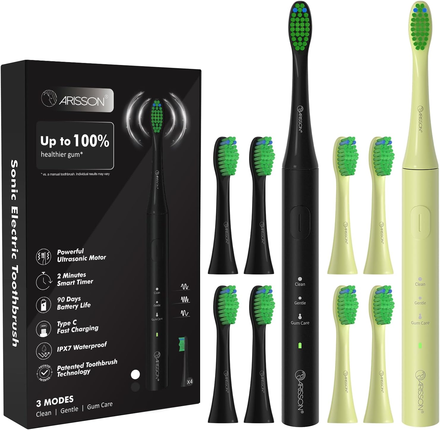 ARISSON Cepillo de dientes eléctrico Sonic para adultos y niños con 4 cabezales de cepillo, carga rápida tipo C, cepillo de dientes para dentaduras,