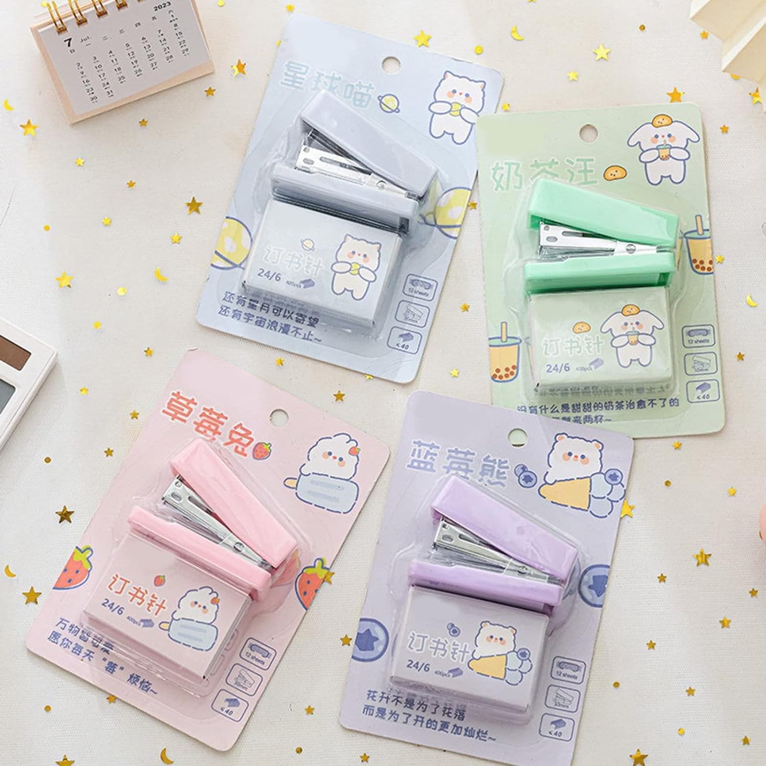 1 juego de mini grapas rosa con grapas No.12, lindo patrón de conejo, removedor de grapas, máquina de encuadernación para clips de papel, grapadoras