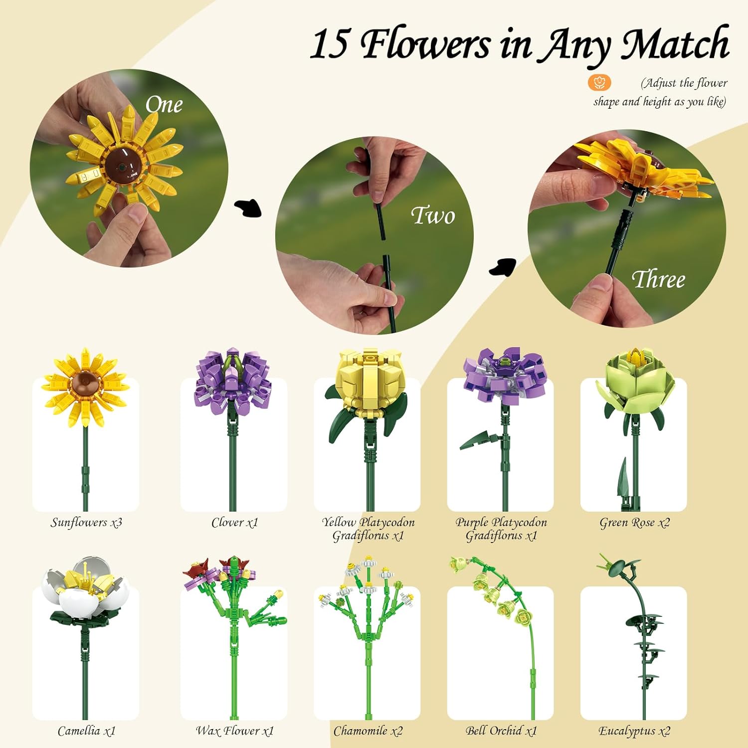 Juegos de construcción de ramo de flores, 15 flores artificiales con jarrón, regalos creativos de Navidad (820 piezas)