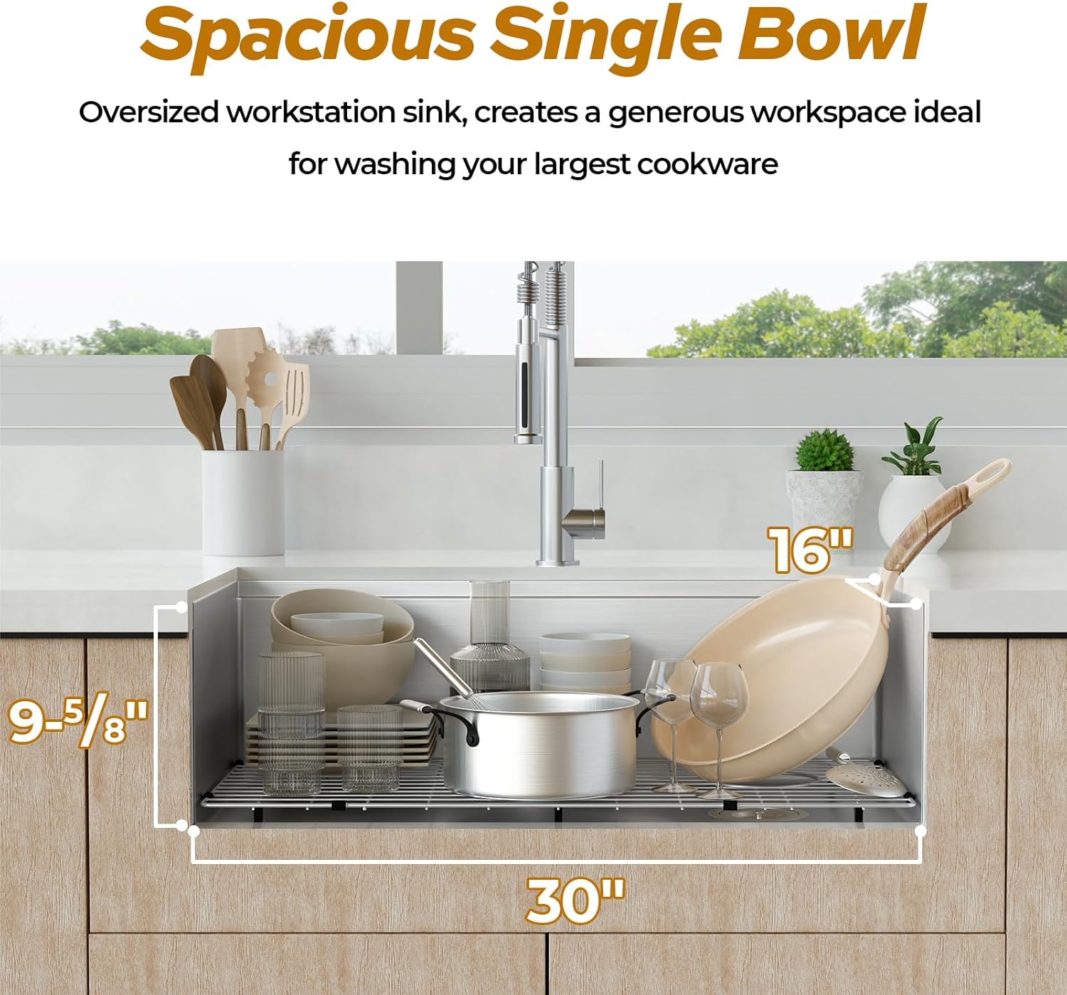 Fregadero de cocina con estación de trabajo de 32 pulgadas, cuenco individual profundo de montaje inferior, acero inoxidable con reborde integrado y
