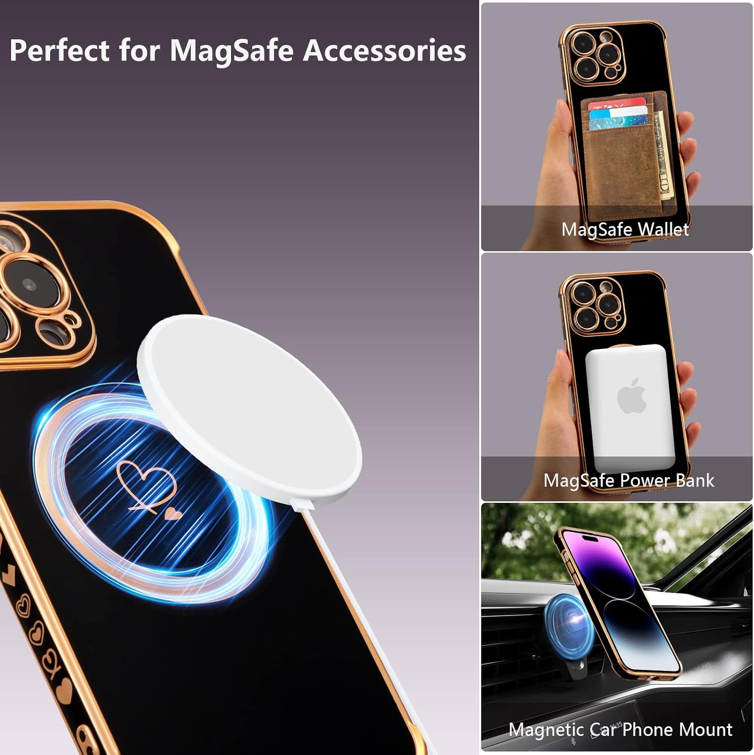 ZTOFERA Funda magnética para iPhone 14 Pro de 6.1 pulgadas compatible con MagSafe bonita funda con patrón de corazones de amor chapado con
