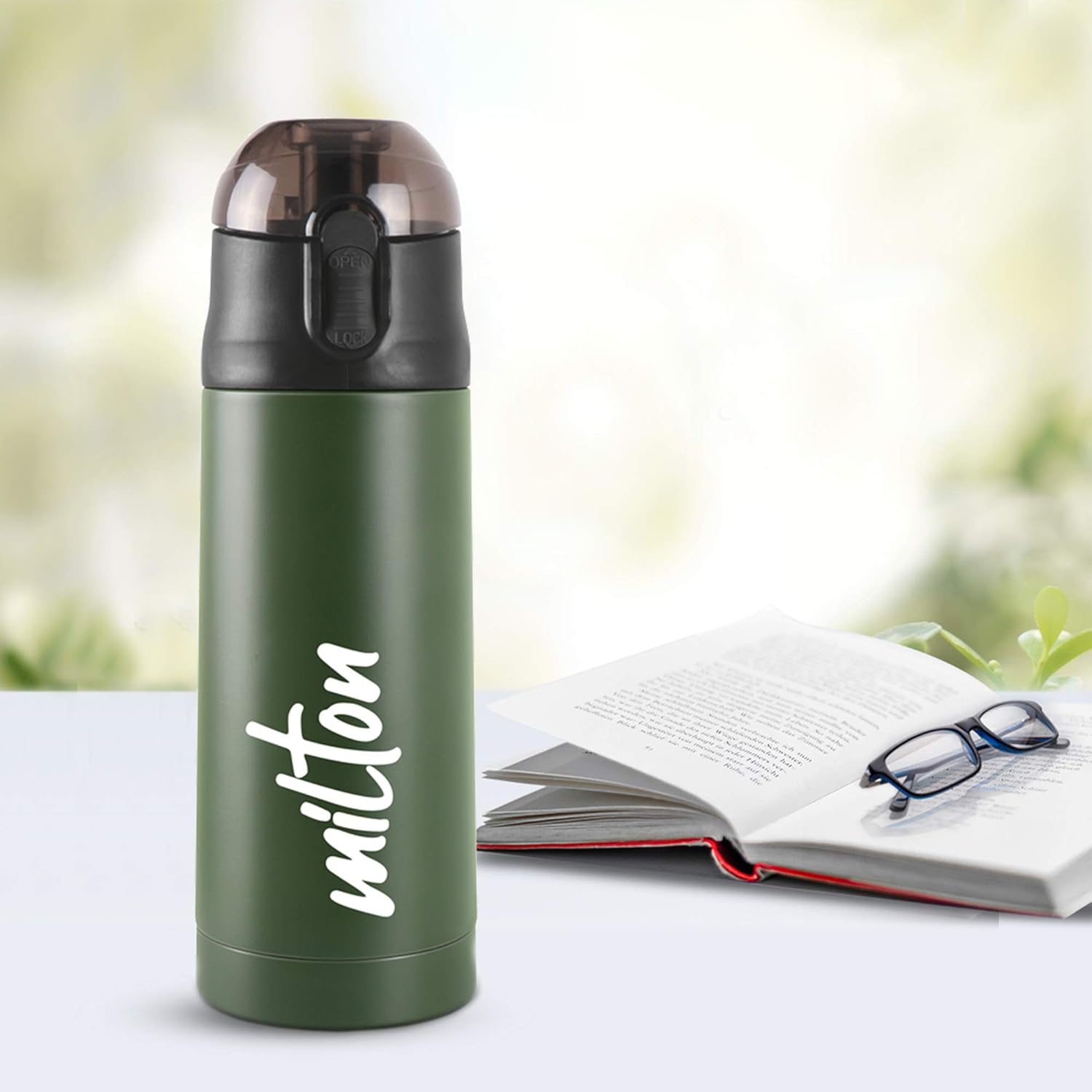 Milton New Crown 400 Thermosteel Botella de agua fría y caliente las 24 horas, 11.8 fl oz, verde  Fácil de transportar  Botella de oficina