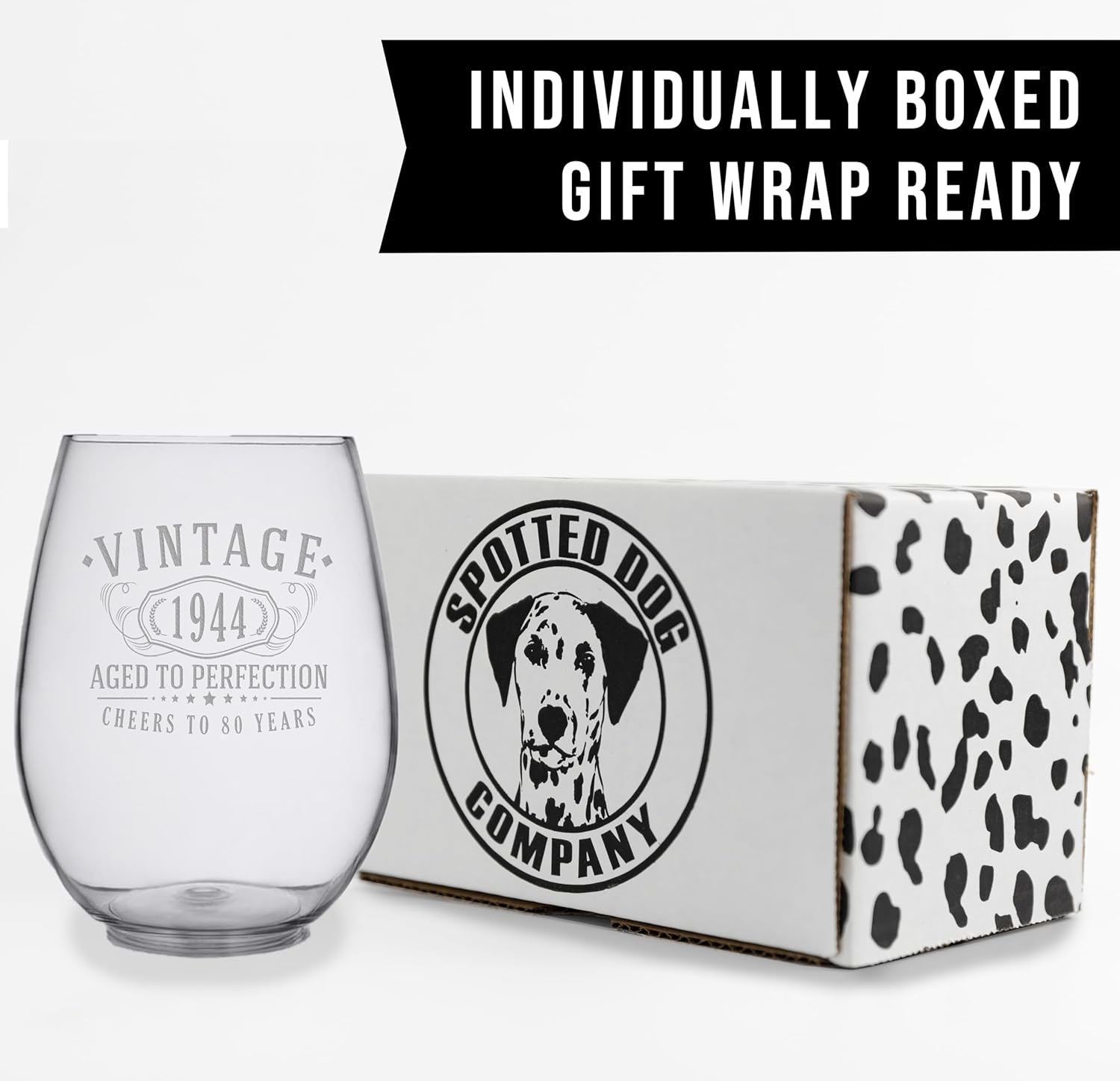 Copa de vino grabada vintage de 17 onzas sin tallo de 17 onzas  Regalos de feliz cumpleaños 80 para mujeres y hombres, saludos a cumplir 80 años,
