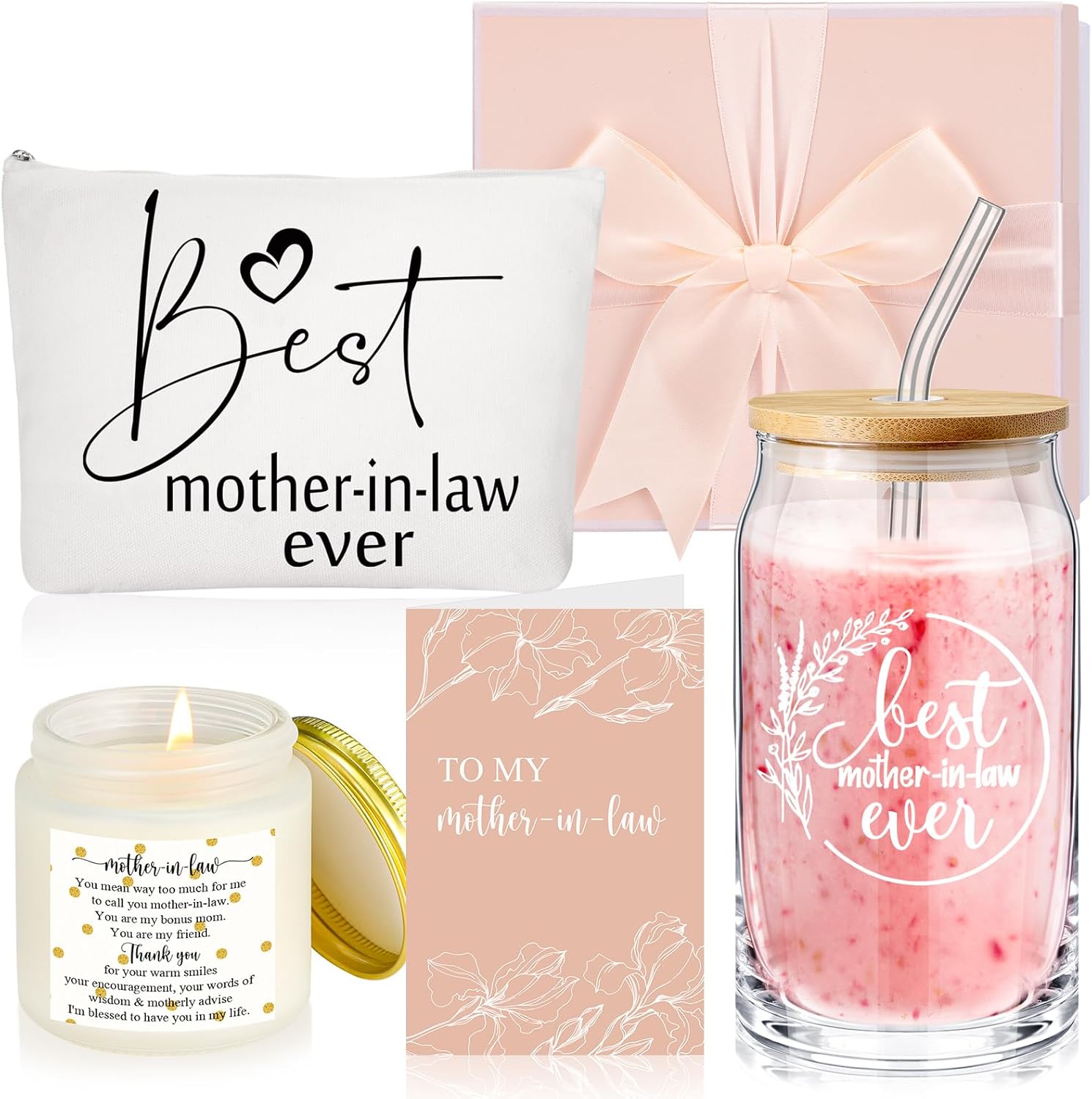 Nuanchu Juego de 5 piezas de regalo para la mejor mamá, taza de cristal de regalo para suegra con tapas de bambú y bolsa de maquillaje con pajita,