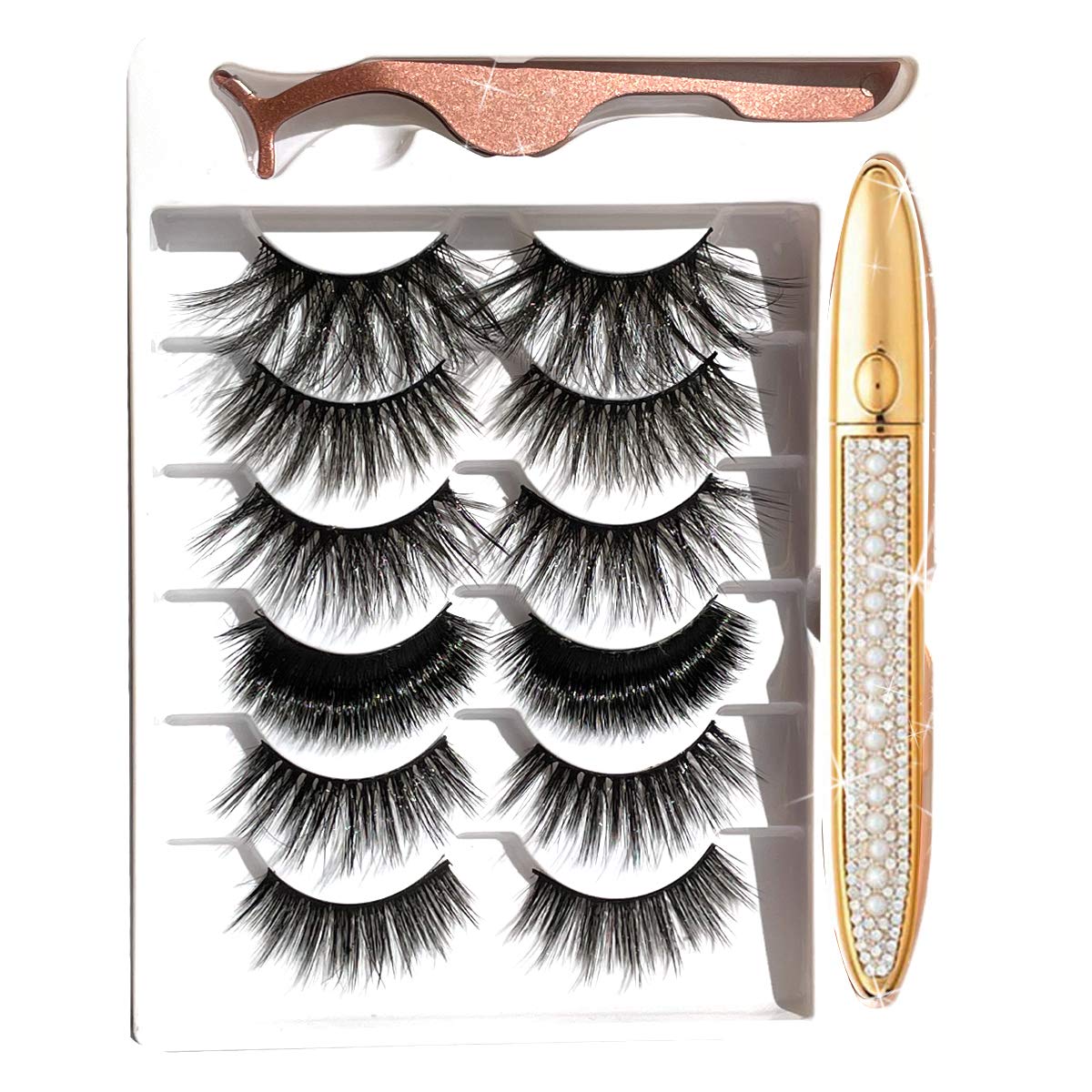 Kit de pestañas mágicas y delineador de ojos, sin pegamento, juego de pestañas no magnéticas, pestañas de visón reutilizables 6 pares de 6 estilos