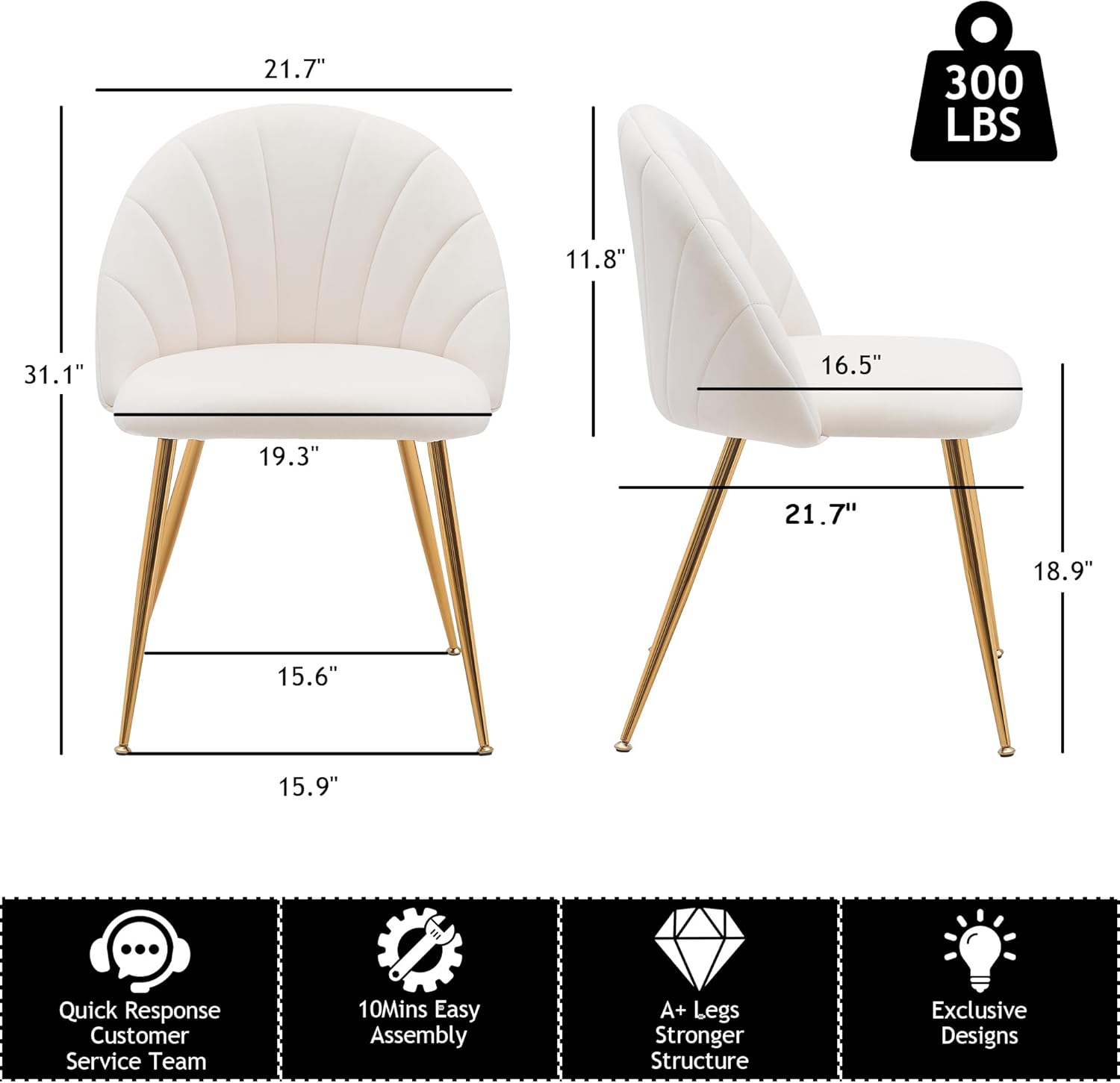 THEETHUNG Velvet Upholstery Dining Chair Set of 2 with Gold Metal Legs, Fabric Dinner Chair, Mid Century Modern Kitchen Chair Mid Back for Bedroom