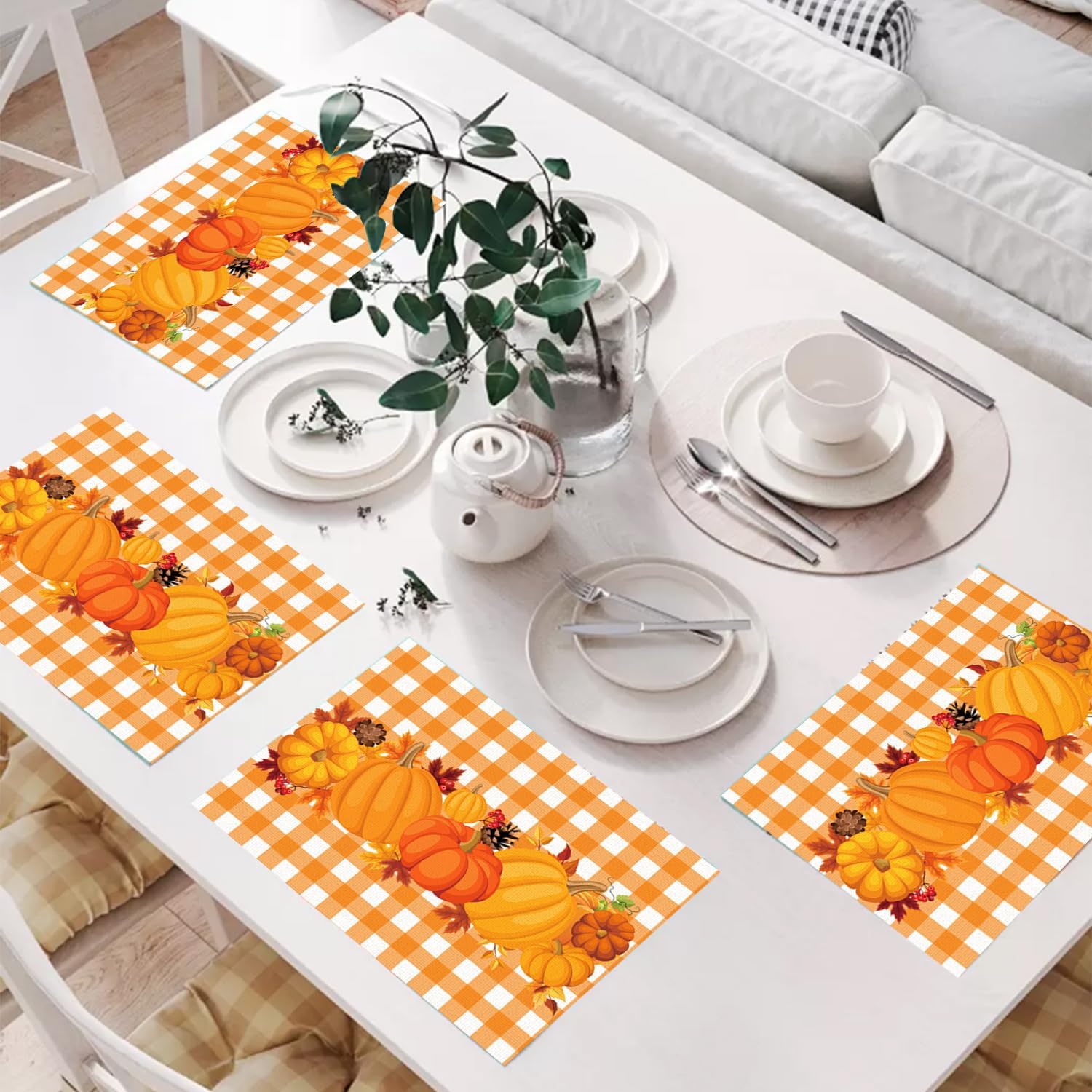4 manteles individuales de otoño, 18.5 x 13 pulgadas, manteles individuales de lino naranja de Acción de Gracias, manteles individuales cálidos y