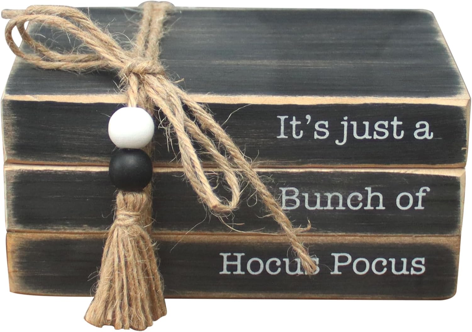 It’s Just A Bunch of Hocus Pocus, libros decorativos apilados de madera, decoración de mesa de madera, decoración de Halloween de madera rústica de