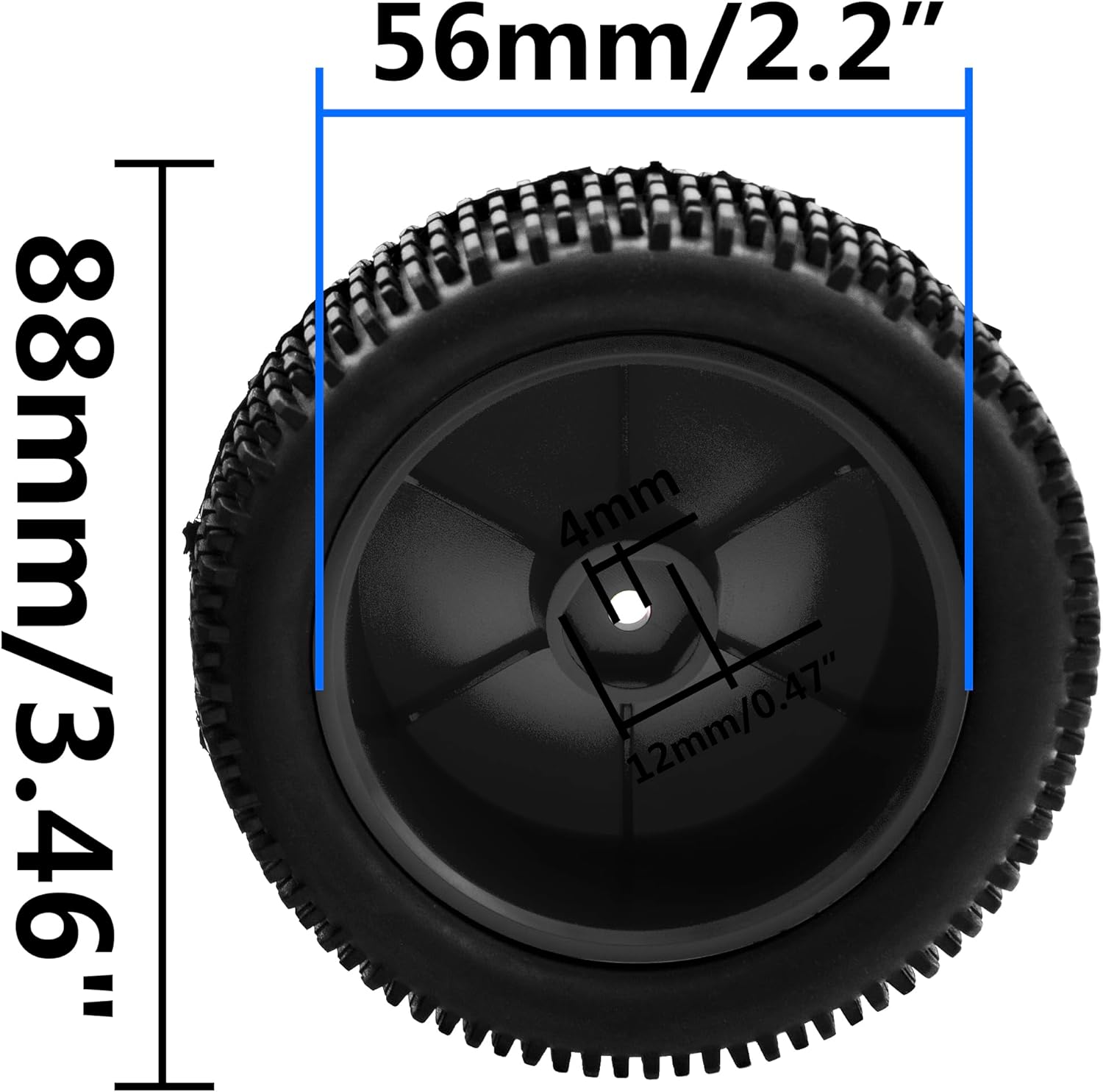 OD 88mm3.46″ Neumático de goma delantero trasero y llantas de plástico 0.472 in cubo hexagonal compatible con Redcat Tornado Shockwave HPI HSP