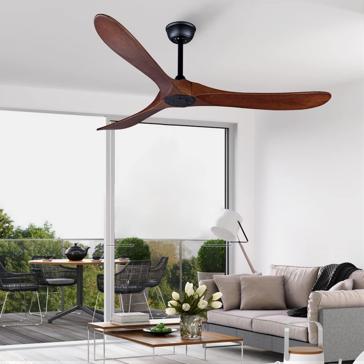 Ventilador de techo para exteriores de 60 pulgadas sin luz, motor CC de bajo consumo, 3 aspas de madera maciza, ventilador de techo de madera con