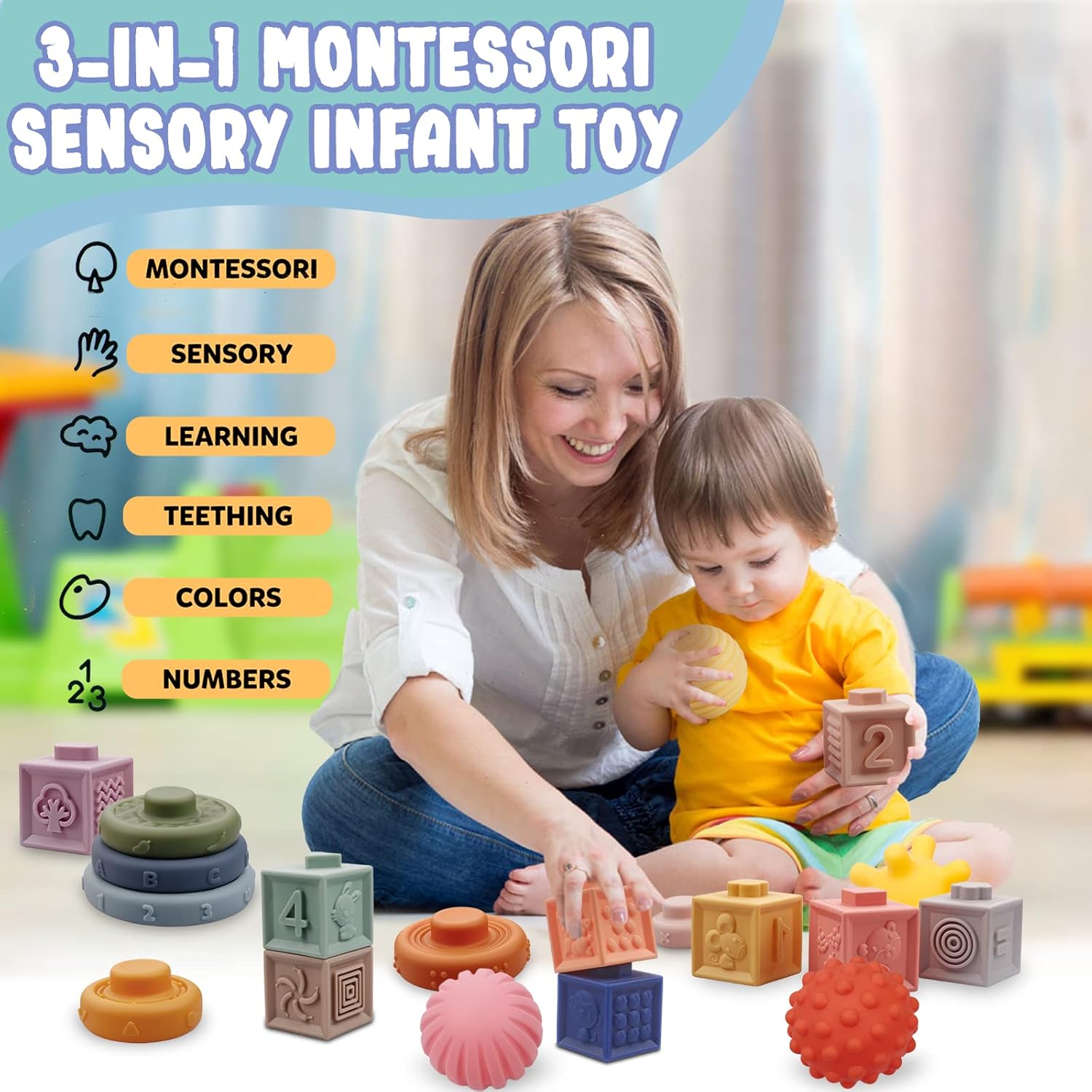 Bloques apilables suaves para bebé juguetes sensoriales Montessori 3 en 1 para bebés de 0 a 3 a 6 a 9 a 12 meses, bloques de construcción, bolas