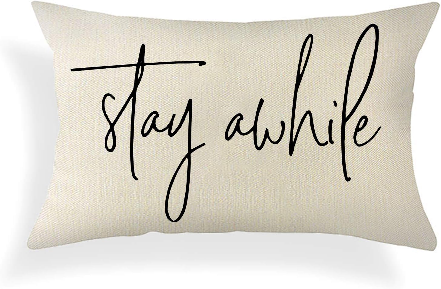 Ogiselestyle Fundas de almohada de granja con citas Stay Awhile de 12 x 20 pulgadas, fundas de almohada lumbares decorativas para el hogar, funda de