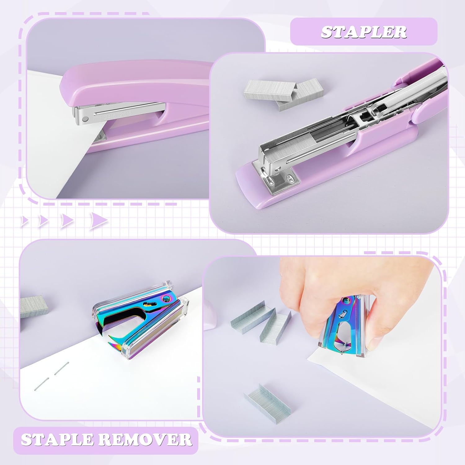 Juego de accesorios de escritorio de color morado, grapadora de lavanda y dispensador de cinta para mujeres, empleados de oficina, escuela,