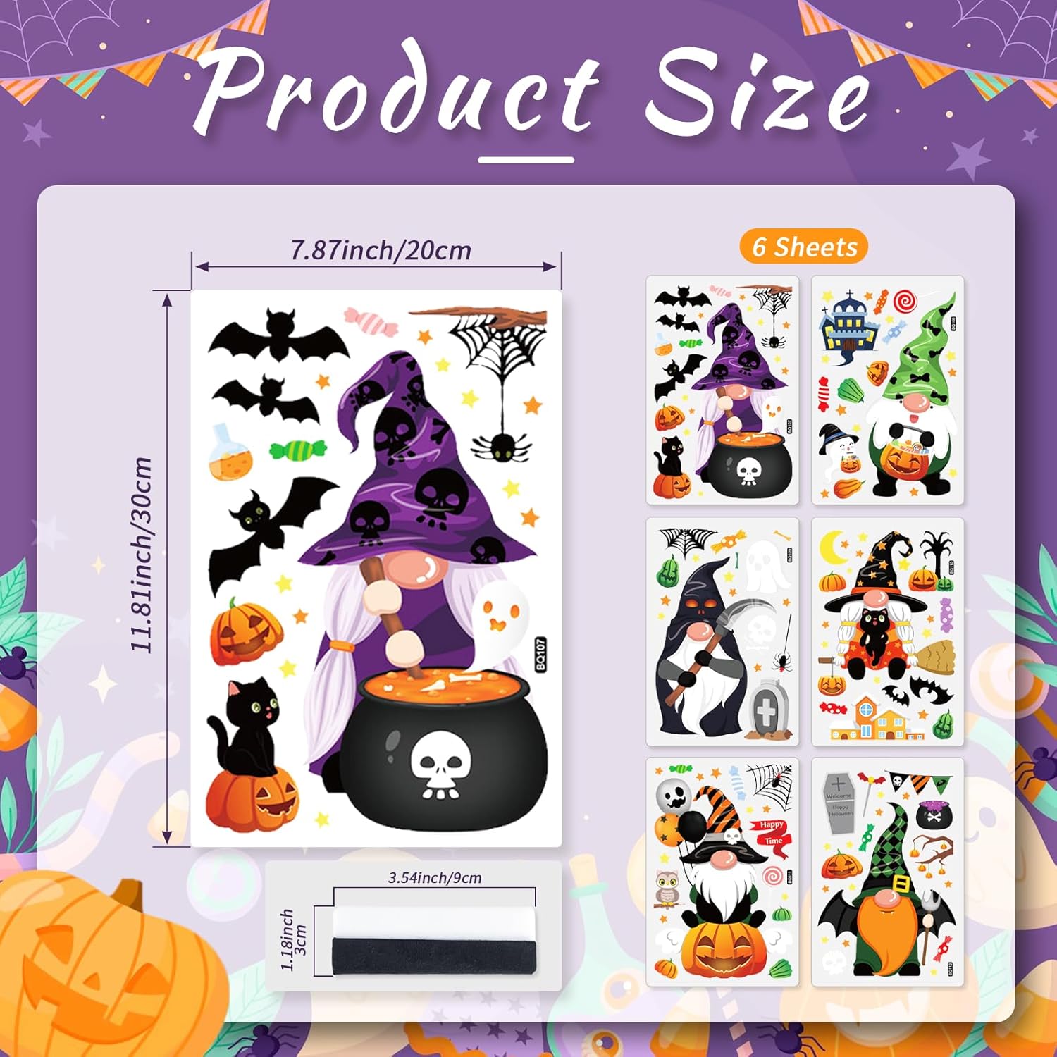 6 hojas de calcomanías de Halloween para ventana, 118 piezas reutilizables para decoración de ventanas de Halloween con brujas, calabaza,