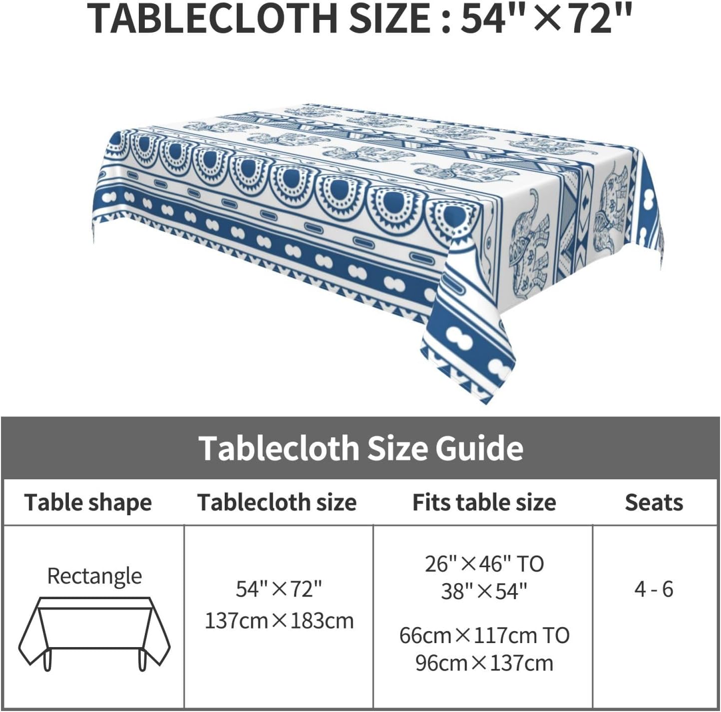 Mantel rectangular bohemio impermeable para mesa de pícnic, 54 x 72 pulgadas, lavable, de poliéster, para fiestas, cumpleaños, bodas, vacaciones,