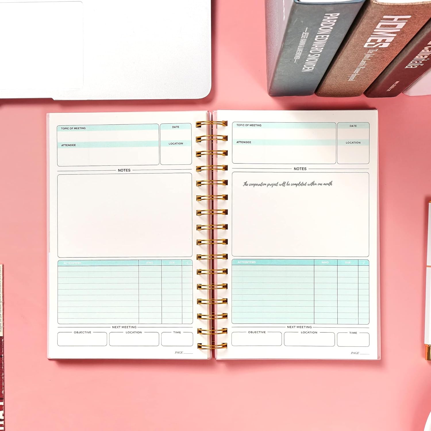 Cuaderno de reuniones para el trabajo con artículos de acción de 5.5 x 8.5 pulgadas, planificador de reuniones en espiral de tapa dura para oficina,