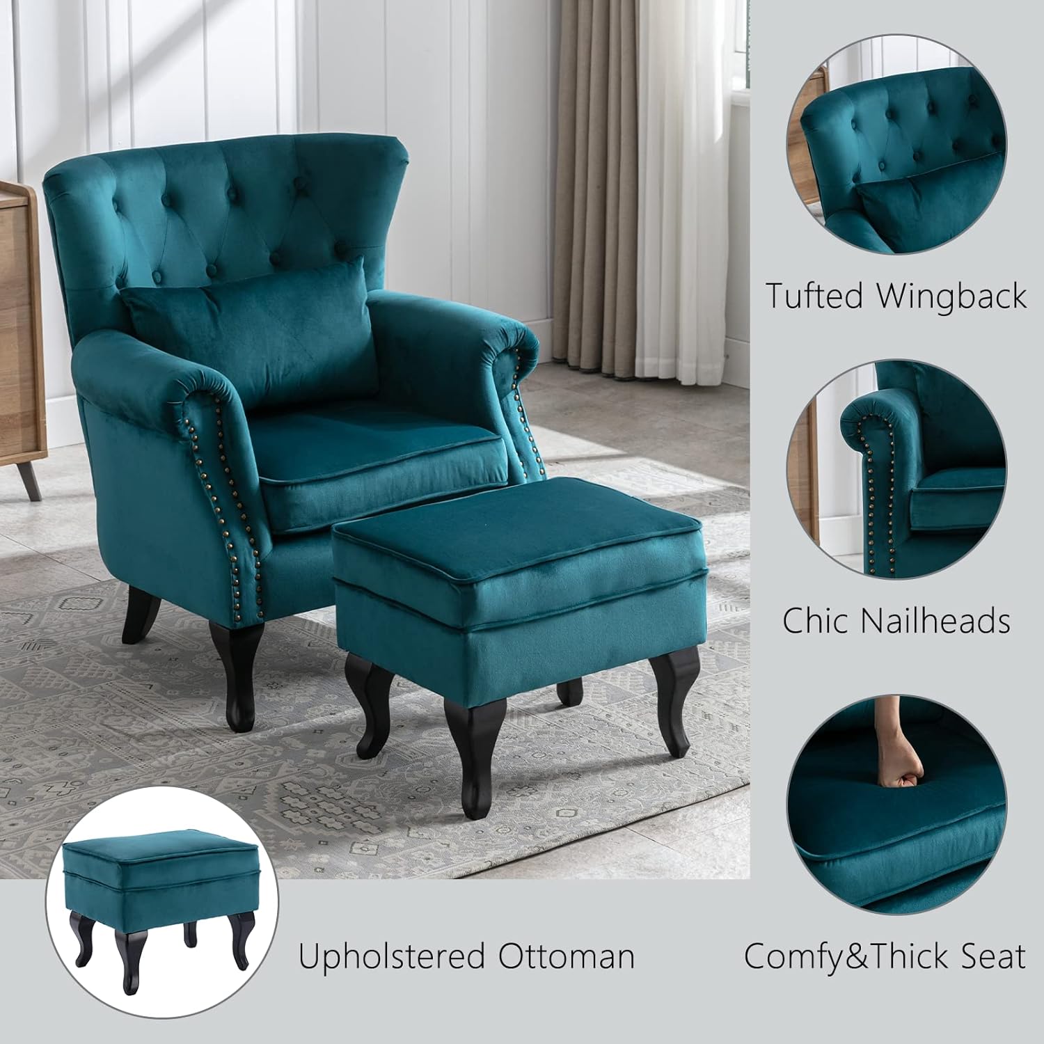 Silla decorativa moderna de mediados de siglo, sillón tapizado, cómodo sofá individual de terciopelo con respaldo copetudo con otomana para