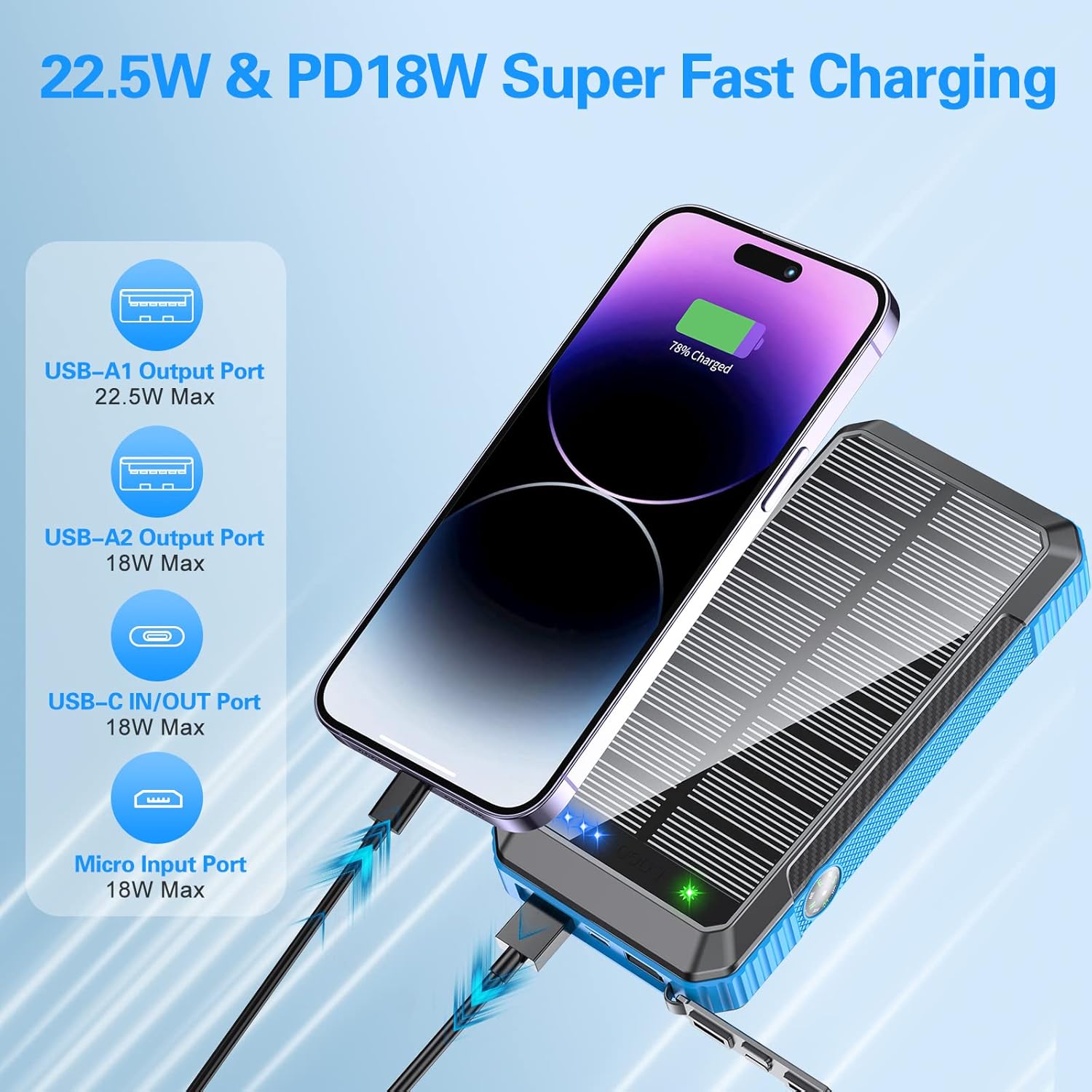 Banco de energía solar cargador inalámbrico 33800mAh integrado 4 cables y luces LED de campamento 22.5 W carga rápida banco de energía 7 salidas 4