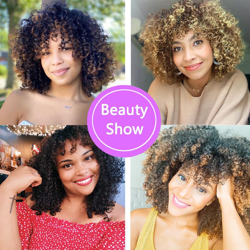 maxknow Pelucas rizadas para mujeres negras, peluca afro rizada esponjosa para mujer, peluca rizada negra suave con flequillo, pelucas sintéticas