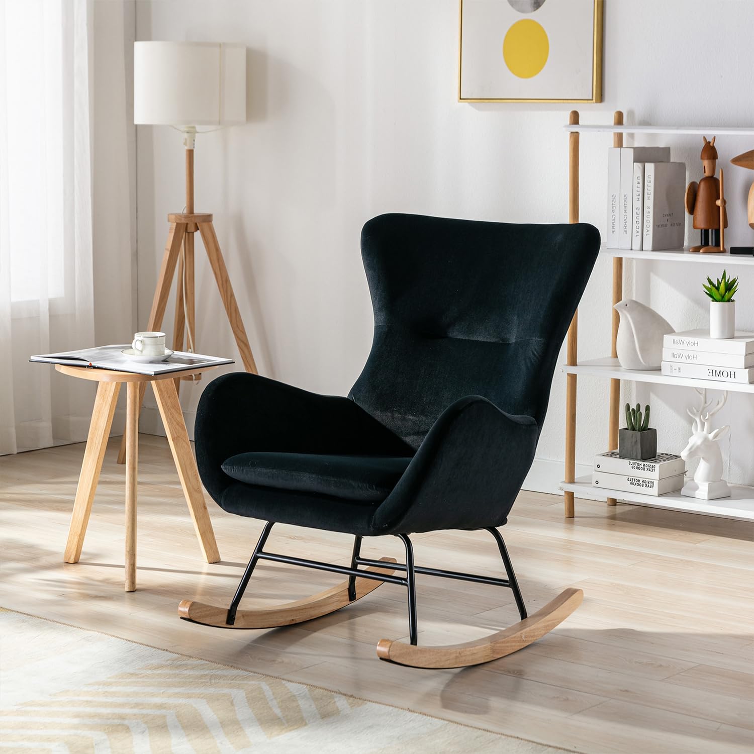 Mecedora con respaldo alto y reposabrazos, mecedora tapizada para bebé, sala de estar, dormitorio (negro)
